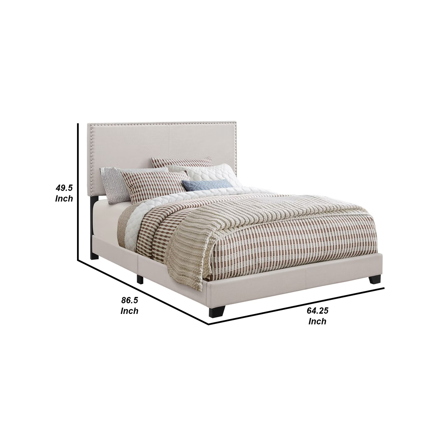 Benzara Fabric Upholstered Queen Size Platform Bed with Nail Head Trim, Ivory-Color:Ivory