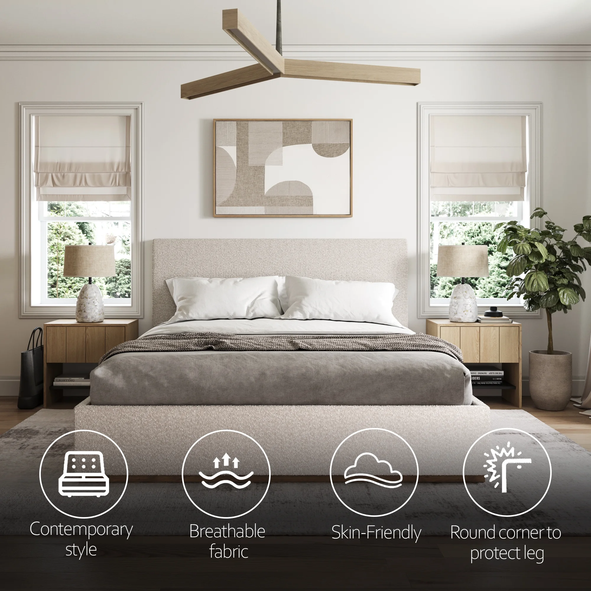 Modern Queen Bed Frame with Headboard - Upholstered King Size - Monaco Bed - Free Assembly, Sturdy Wood Platform Bedframe, Strong Wooden Slats, Strong Weight Capacity, Non-Slip and Noise-Free