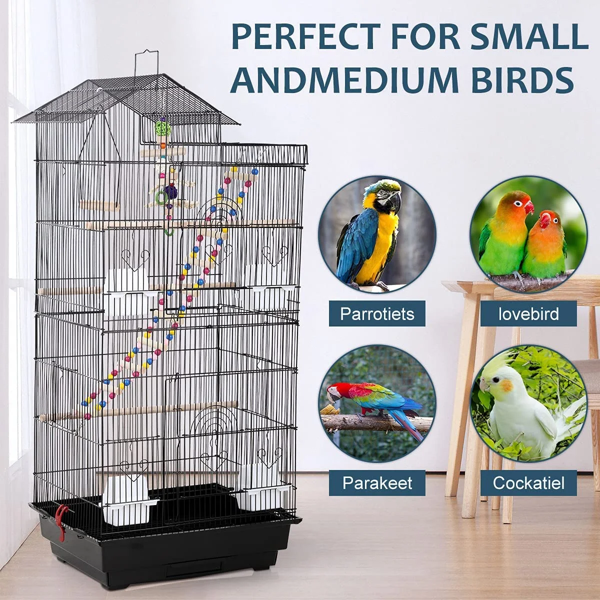 39 Inch Big Bird Cage Study Parakeet Cage Aviary with Accessories Roof Top Flight Parrot Cage with Ladder and Swing Jaulas para Pajaros for Small Parakeet,Canaries, Lovebirds, Cockatiels, Parrots