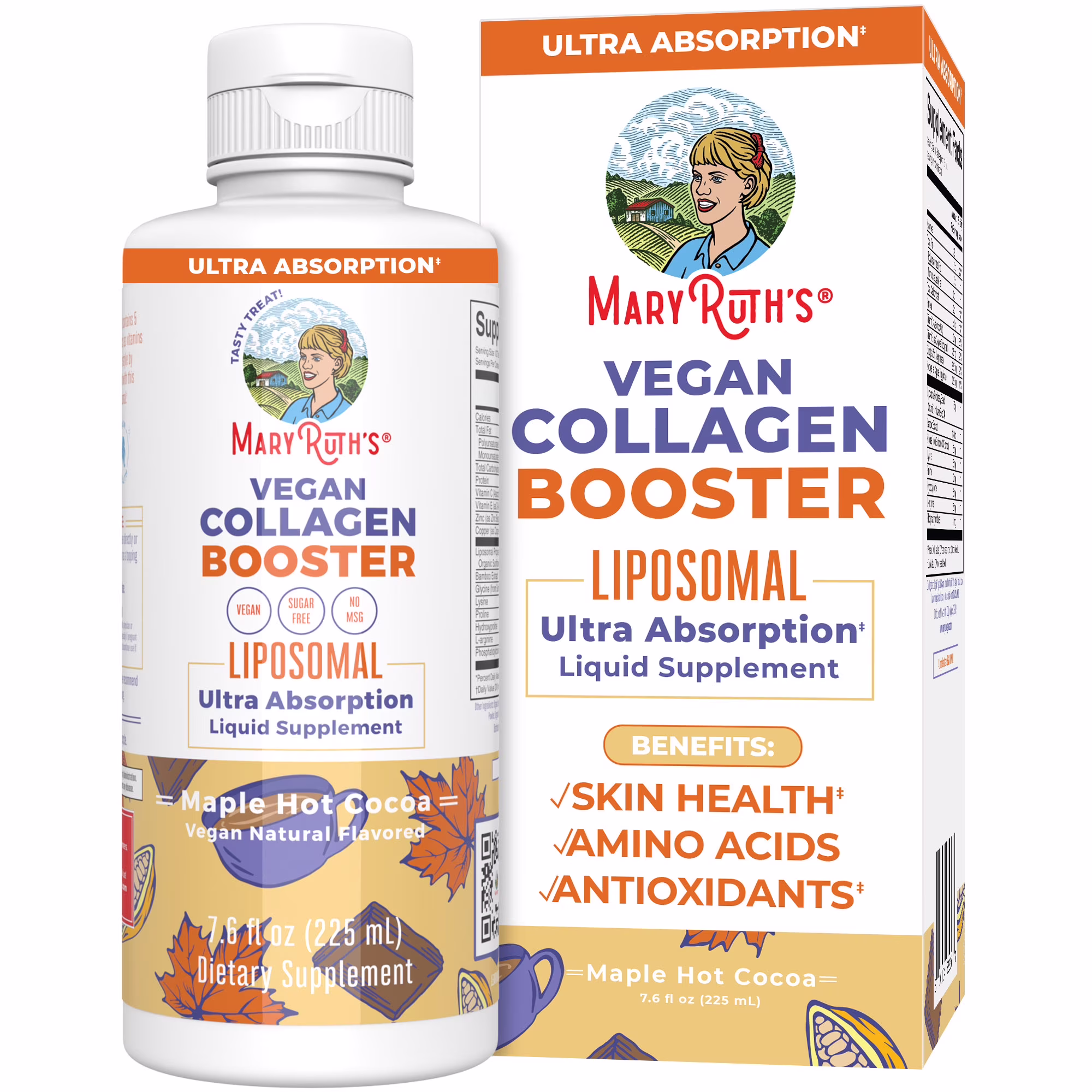 MaryRuth Organics | Collagen Booster Liposomal | Vitamin C, Vitamin E, Zinc, Copper | Maple Hot Cocoa Flavor | Vegan, Sugar Free | 7.6 fl oz / 225ml