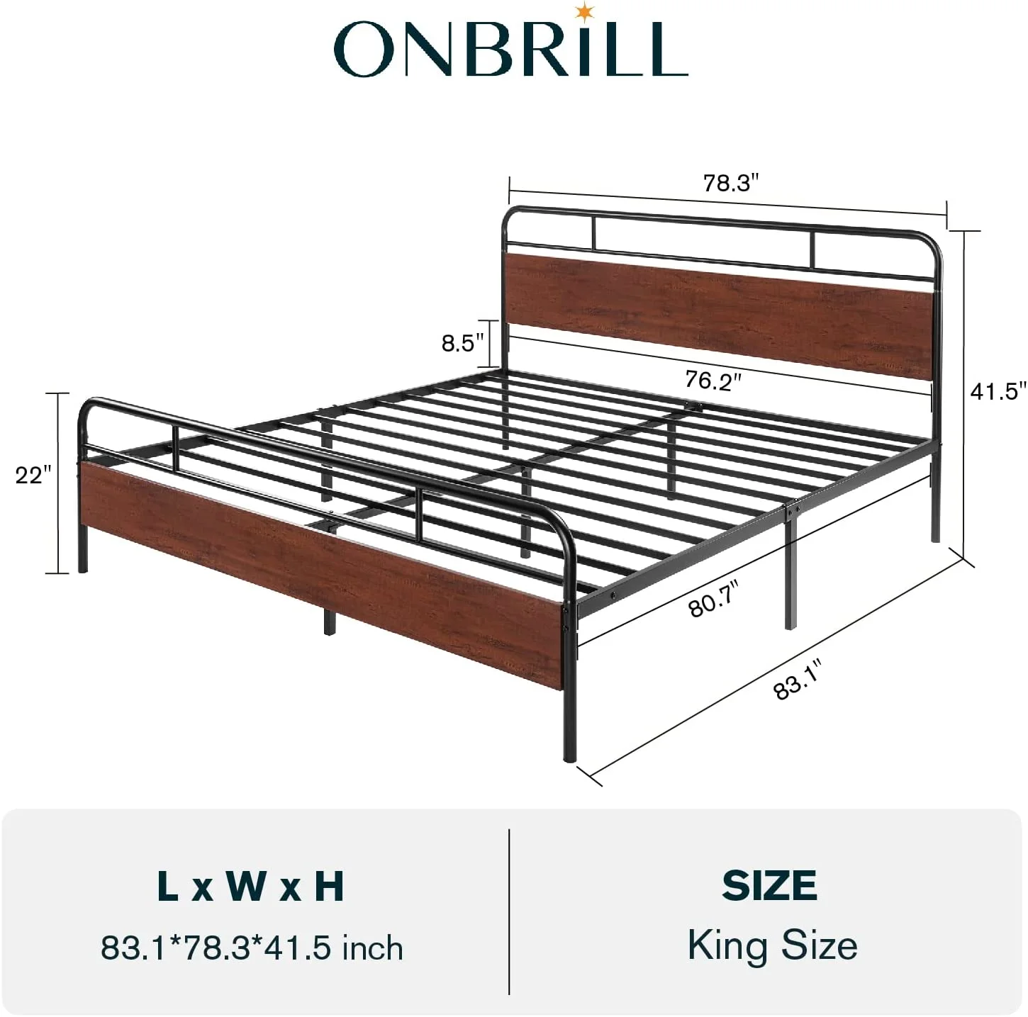 Size Metal Bed Frame with Curved Wooden Headboard and Footboard  Mattress Foundation Platform Bed Frame with Under Bed Storage  No Box Spring Needed  Modern  Sanders