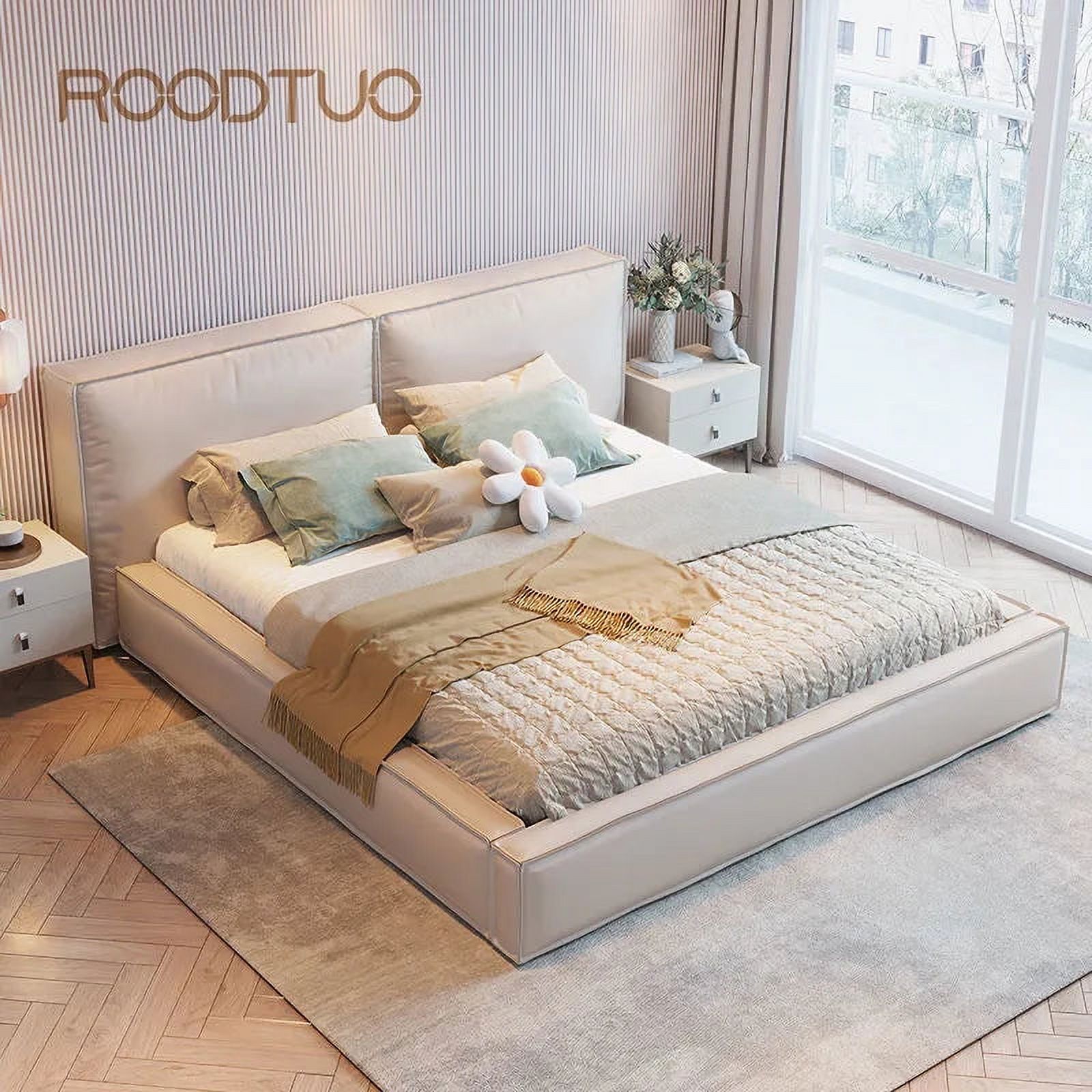 King/Queen Size Bed Frame Technical Cloth Thick Backrest Upholstered Grey Color Home Bedroom Furniture Modern Double Bed