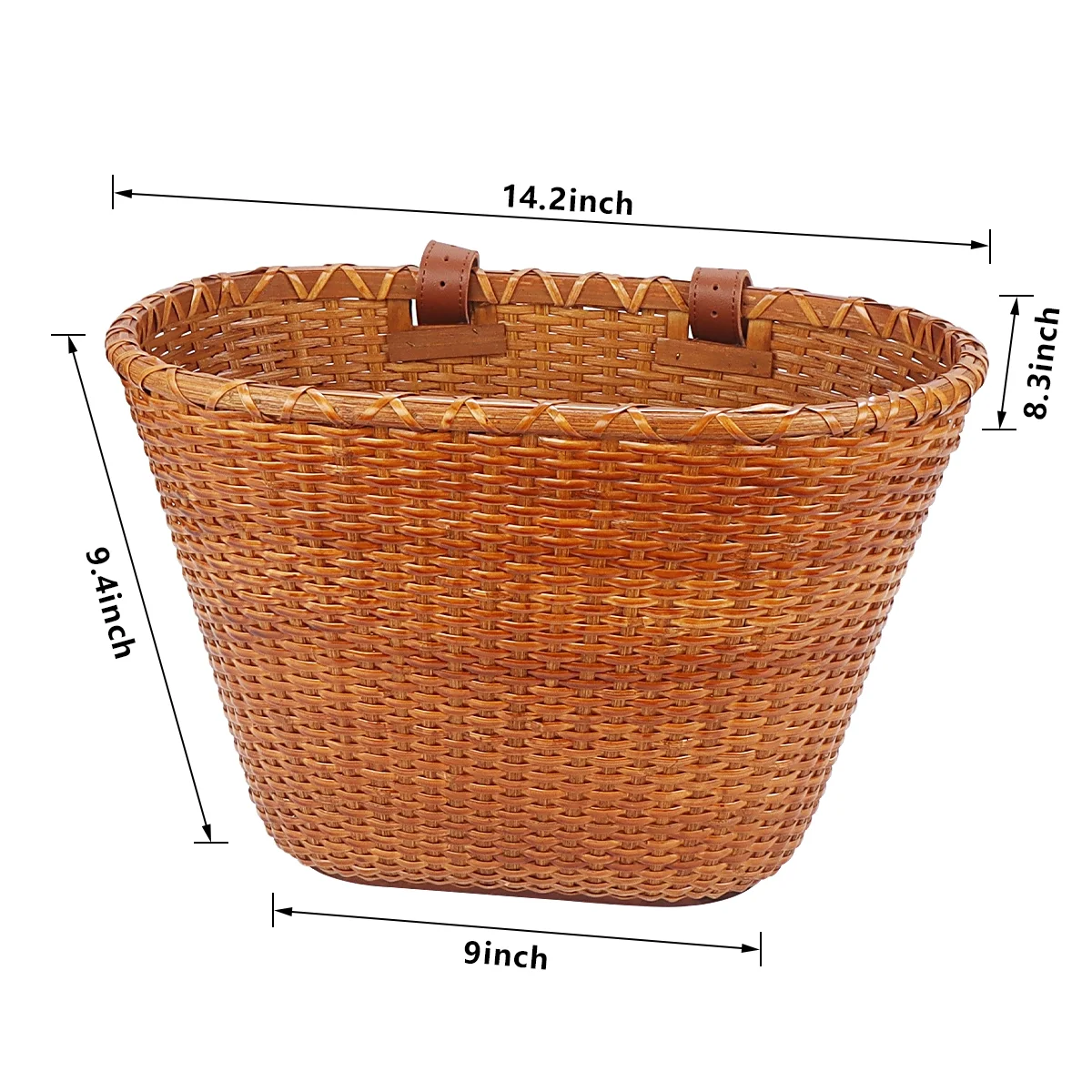 Livoccur Handmade Woven Rattan Bicycle Basket with Adjustable Leather Straps, Retro Style Front Bike Basket, Large