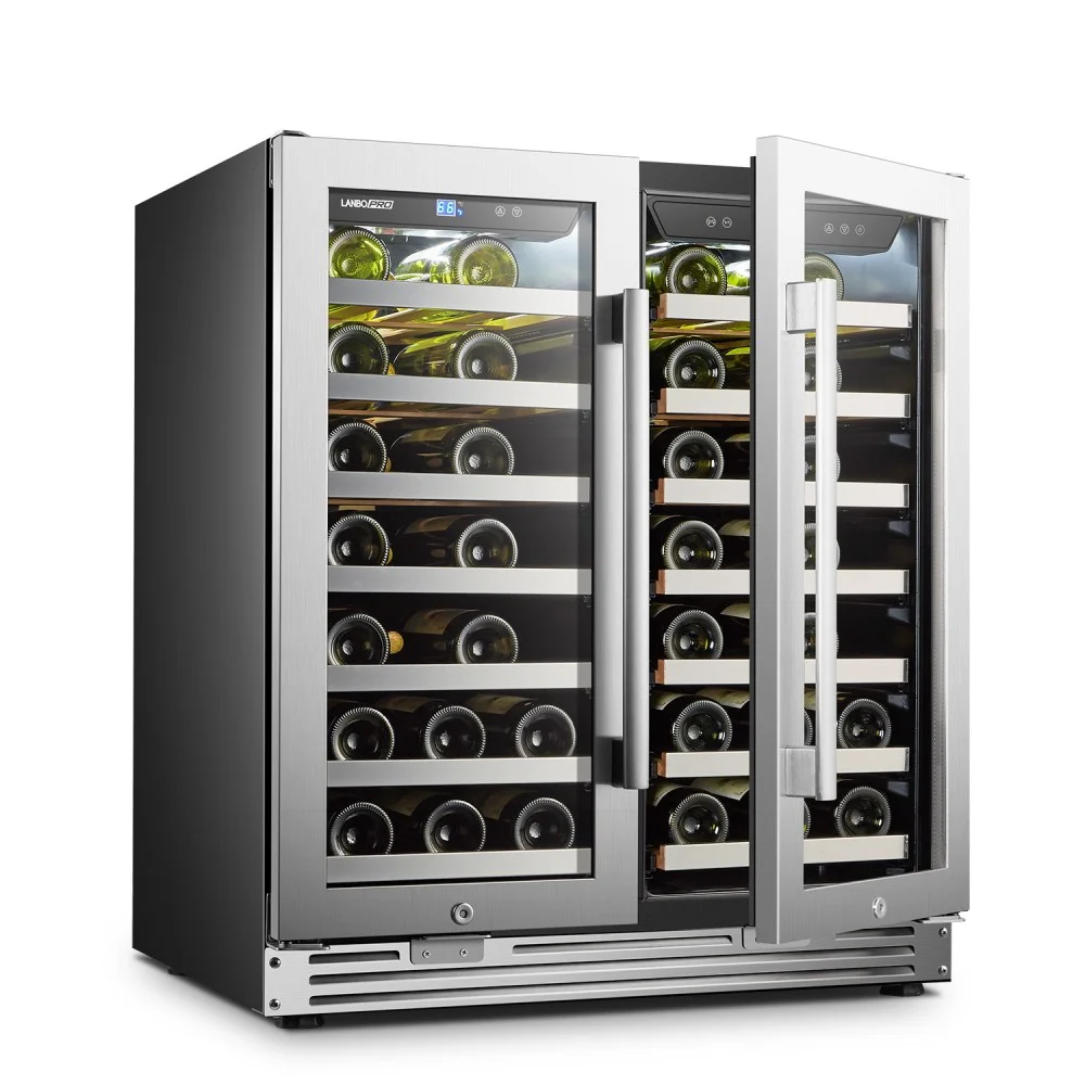 LanboPro Stainless Steel Dual Zone Wine Cooler - Seamless Stainless Steel French Doors 62 Bottle Capacity