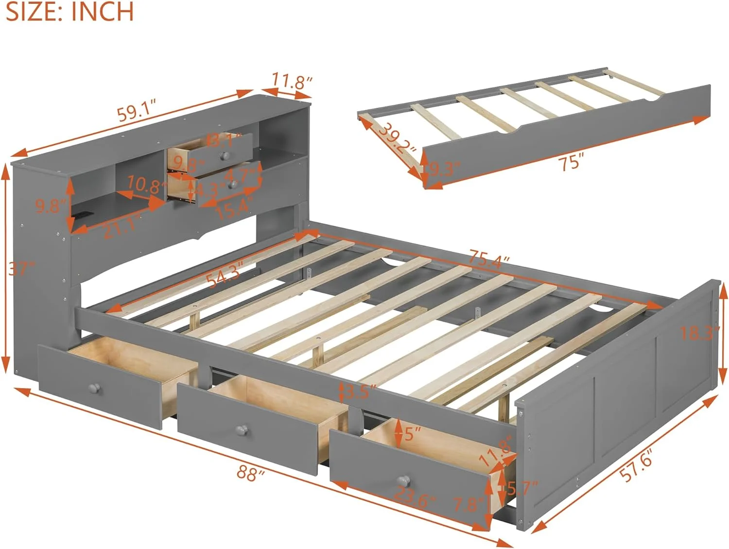 Full Size Platform Bed With Size Trudle, 3 Drawers, Upper Shelves Ad USB Ports & Sockets, Bed With Storage Headboard Wood Platform Bed Frame With Chargig Statio For Kids, Gray