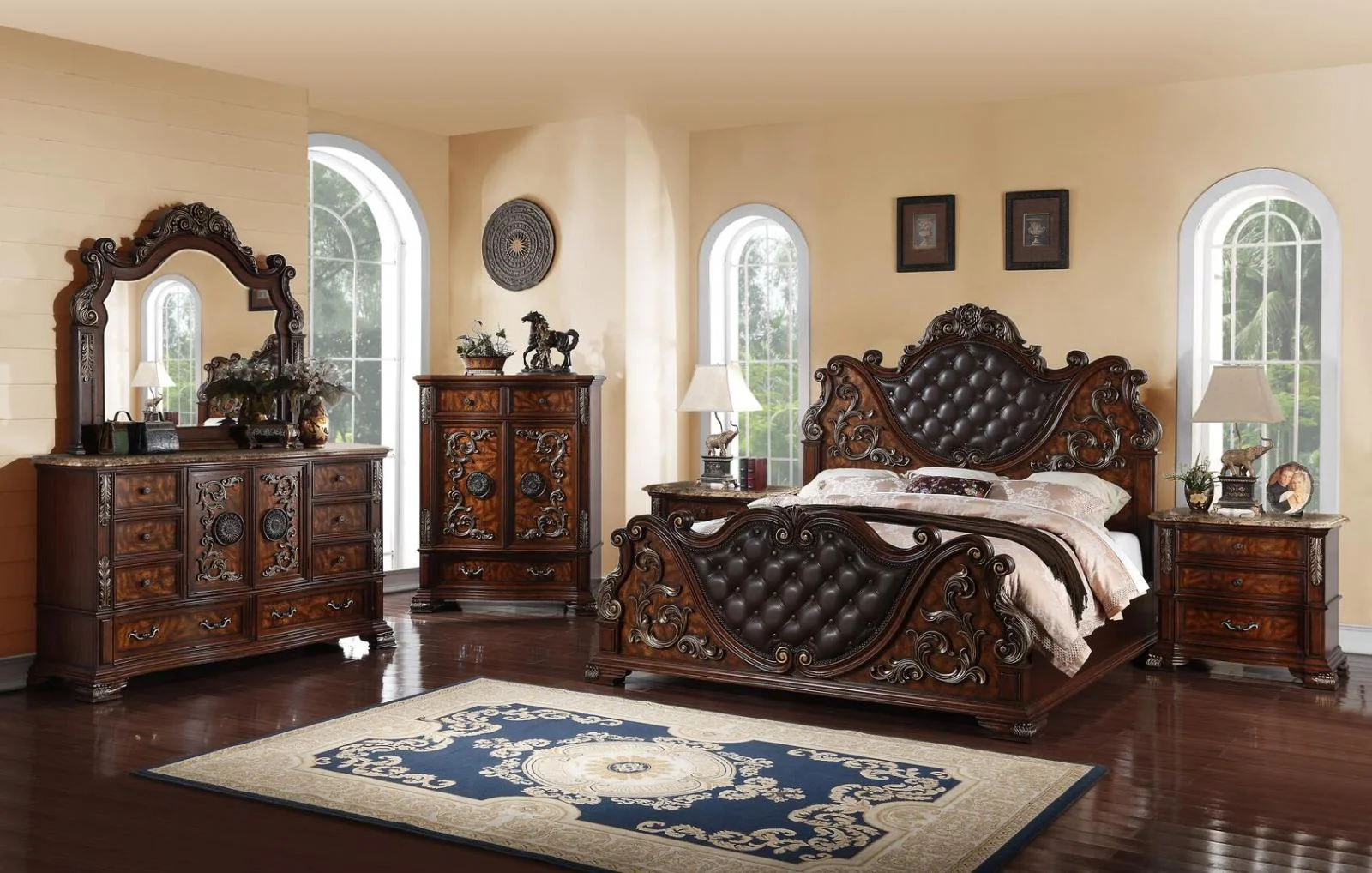 Cherry Finish Wood King Bed Set 6Pcs Traditional Cosmos Furniture Santa Monica