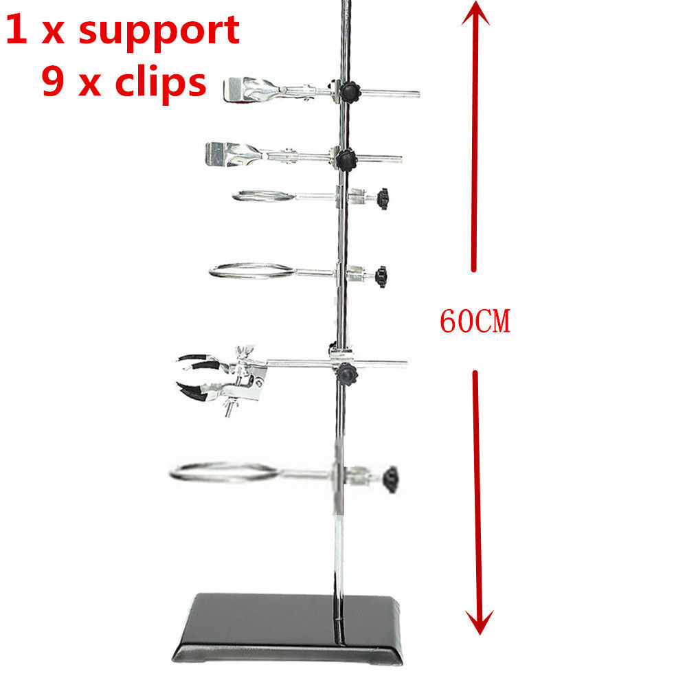 60cm Lab Stand Chemistry Flask Support Condenser Pipe Storage Holder Set 9 Clips High Quality Iron Base Sturdy Durable Stable