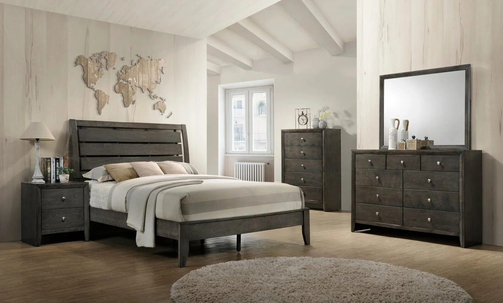 Contemporary Style Full Size 4pc Bedroom Set Bed Dresser Mirror Nightstand Wooden Furniture Gray Finish
