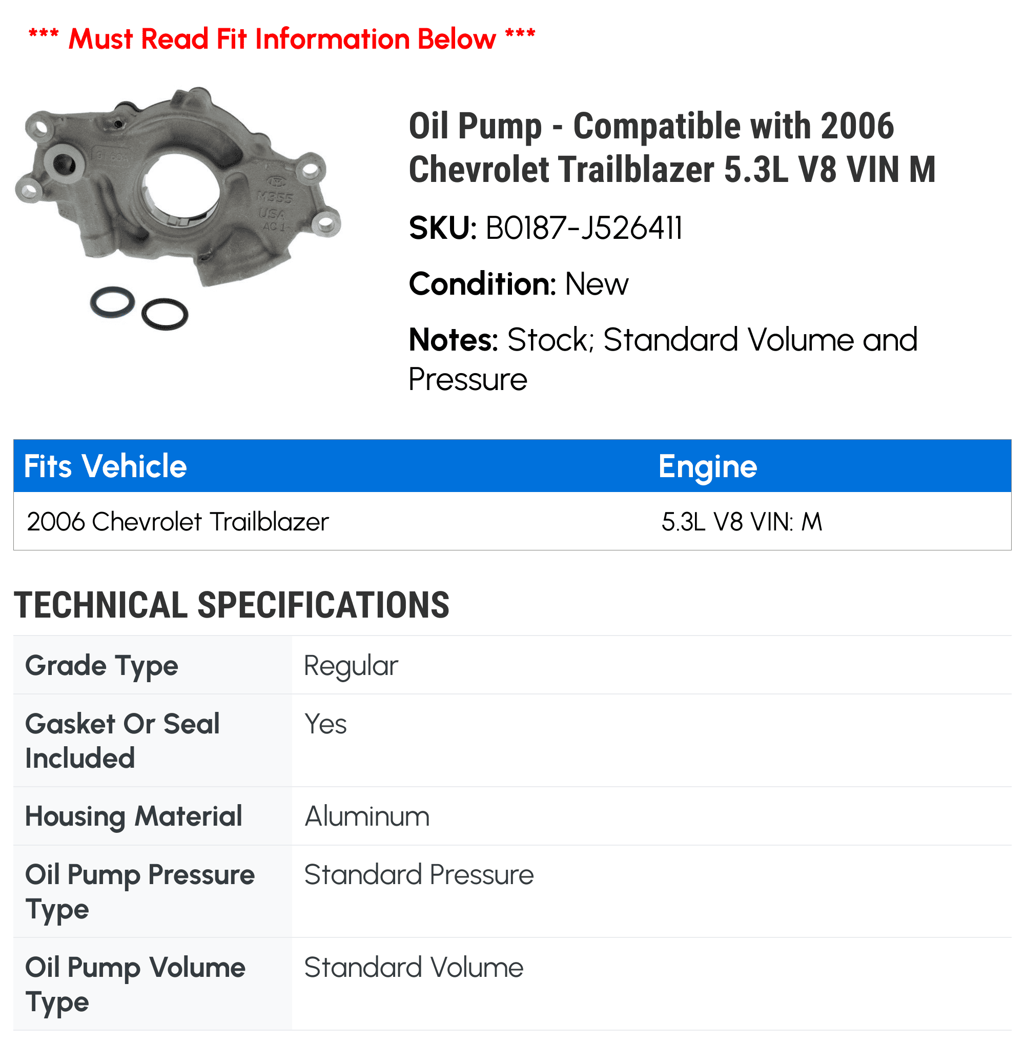 Oil Pump - Compatible with 2006 Chevy Trailblazer 5.3L V8 VIN M