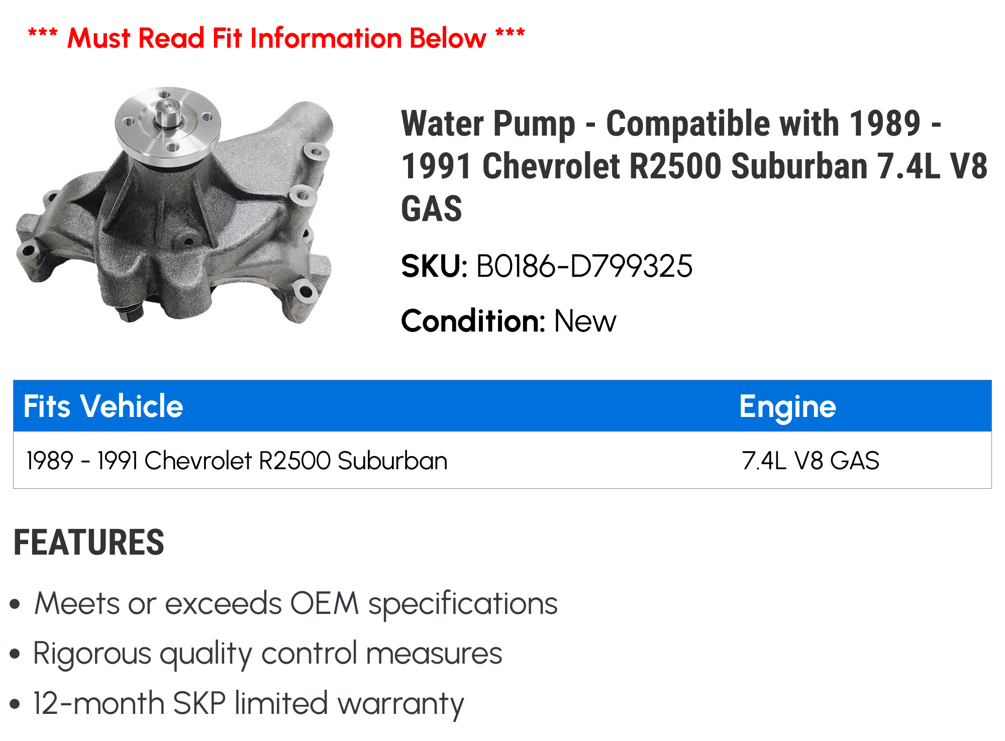 Water Pump - Compatible with 1989 - 1991 Chevy R2500 Suburban 7.4L V8 GAS 1990
