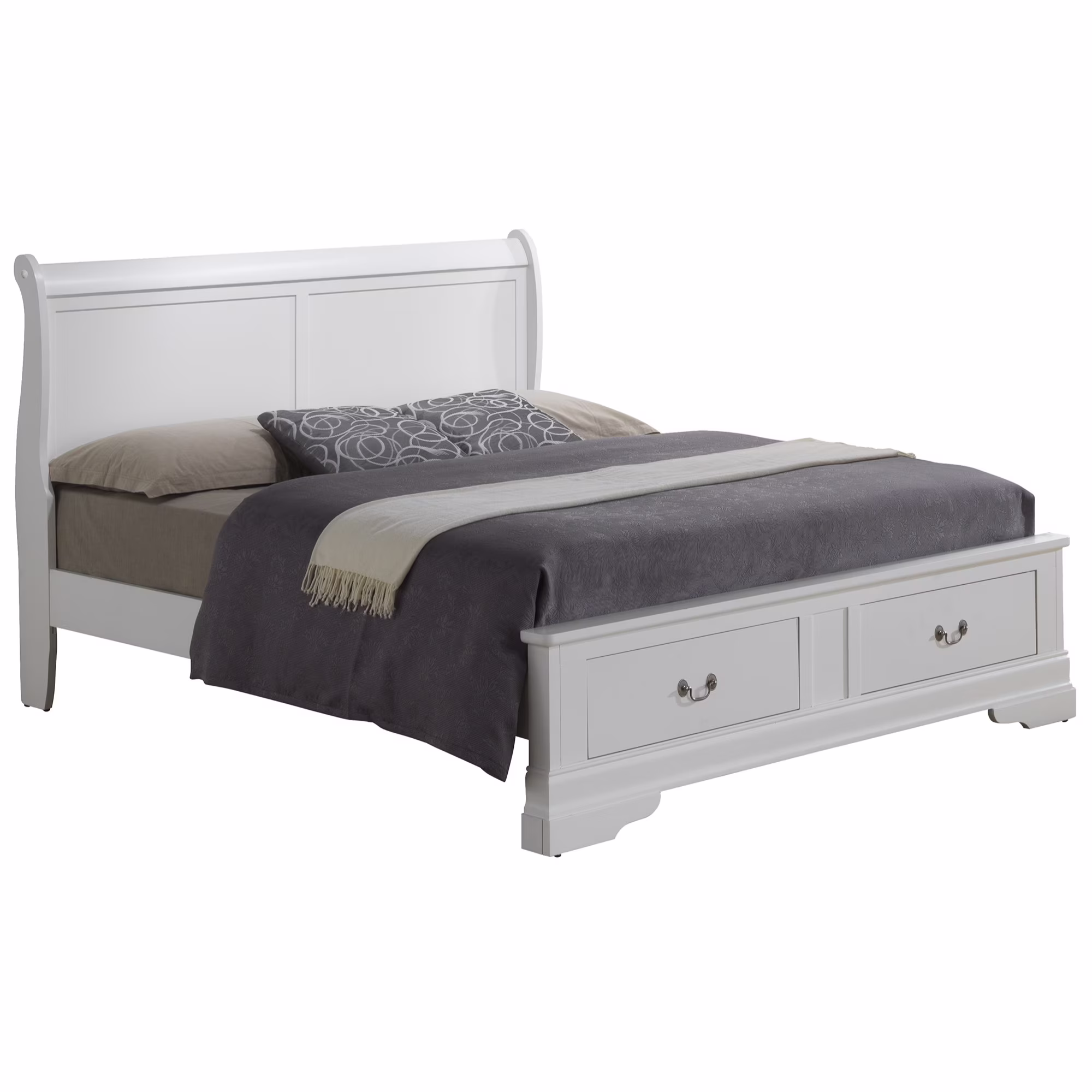 Passion Furniture PF-G3190D-QSB2 Louis Philippe Storage Sleigh Wood Bed, White - Queen Size