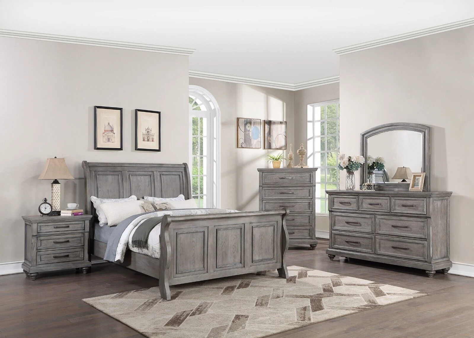 Grey Finish Wooden Eastern King Size Bed 2x Nightstands 3pc Set Bedroom Furniture Sleigh 3-Panel Design Headboard Footboard