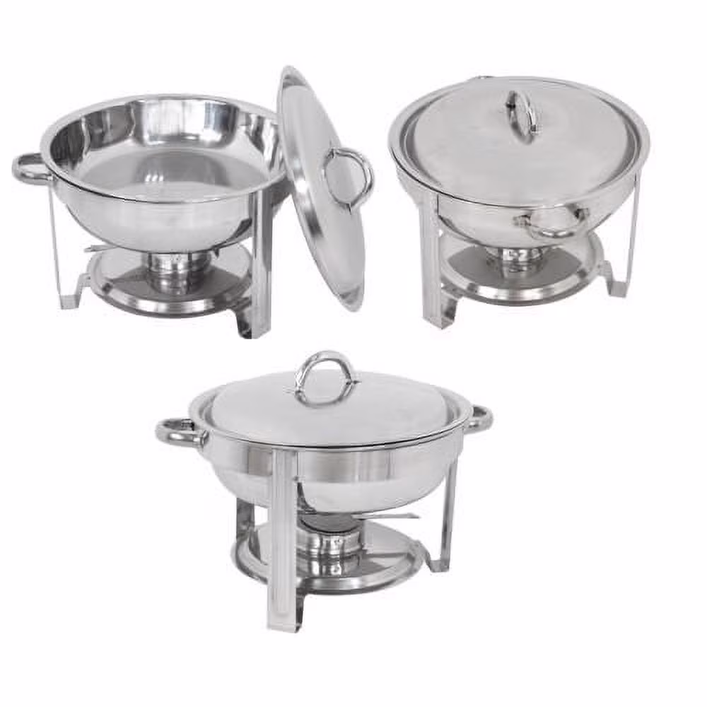 SuperDeal Glossy Round Chafing Dish 5Qt. Buffet Stove Hotel Catering Alcohol Furnace, 3 Pack
