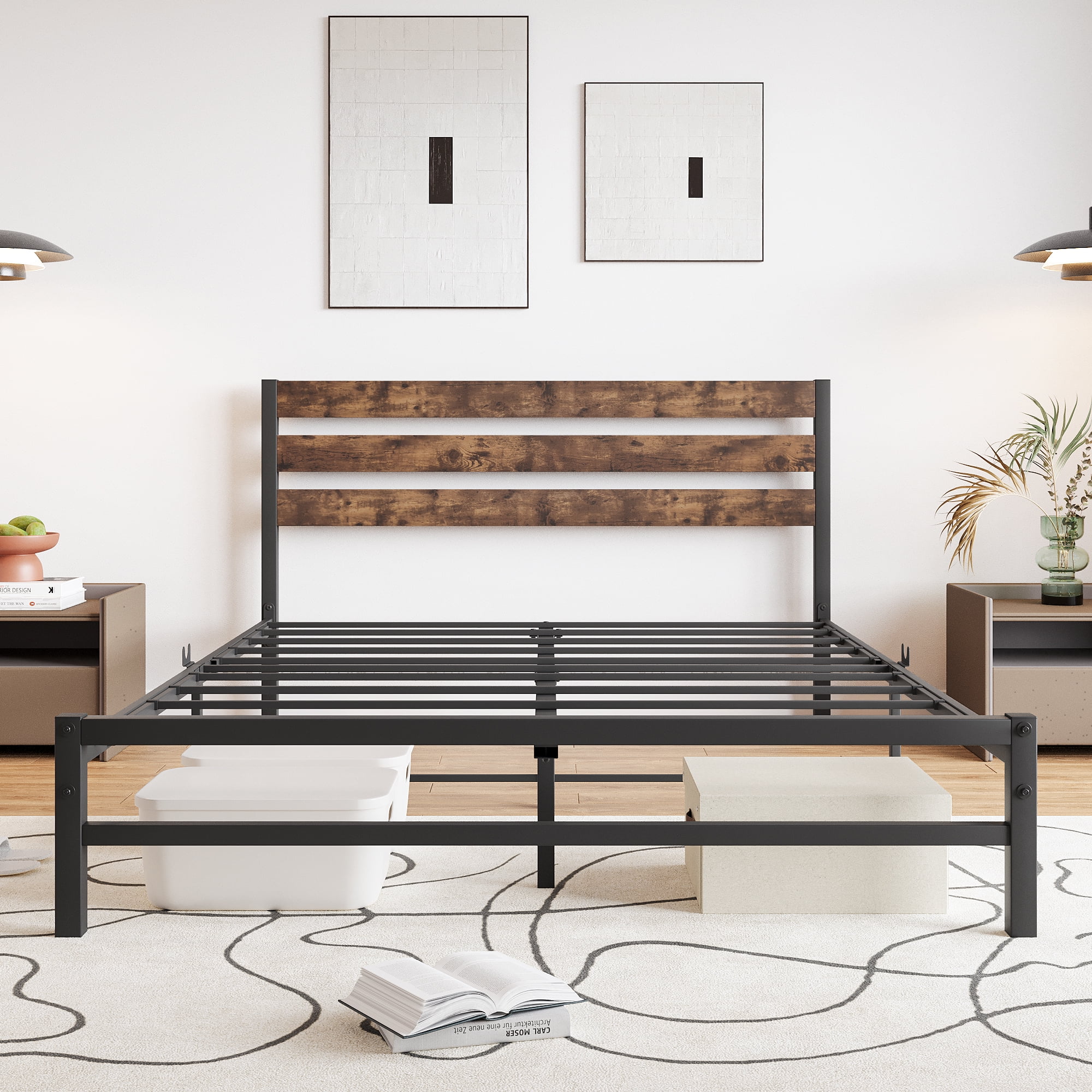 Royard Oaktree Queen Size Metal Platform Bed Frame with Rustic Wood Headboard, Strong Metal Slats Support Mattress Foundation, No Box Spring Needed, Rustic Brown