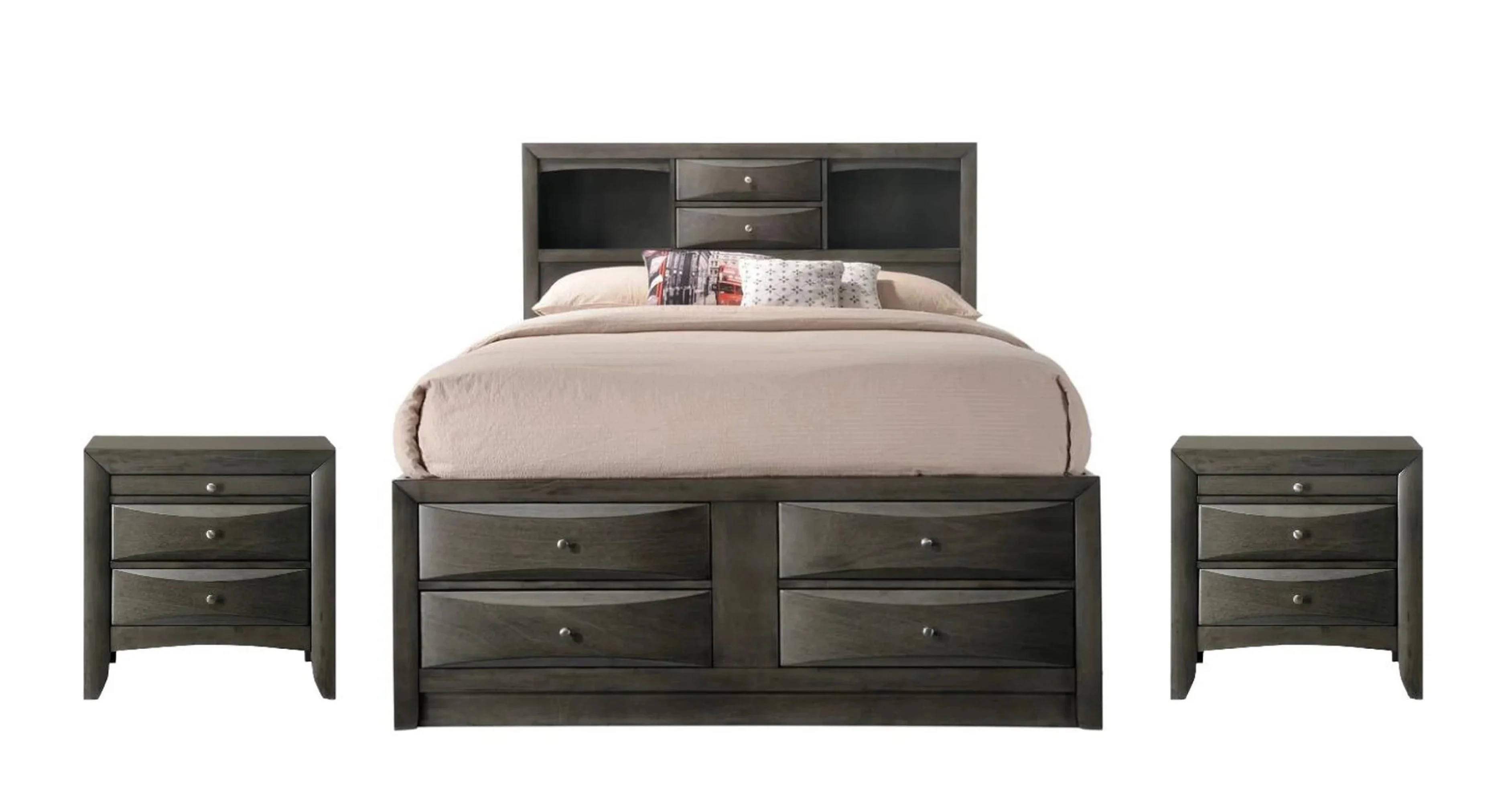 Contemporary Gray Finish 3pc Queen Size Captains Bed Set Storage Drawers Solid Wood Bedroom Furniture