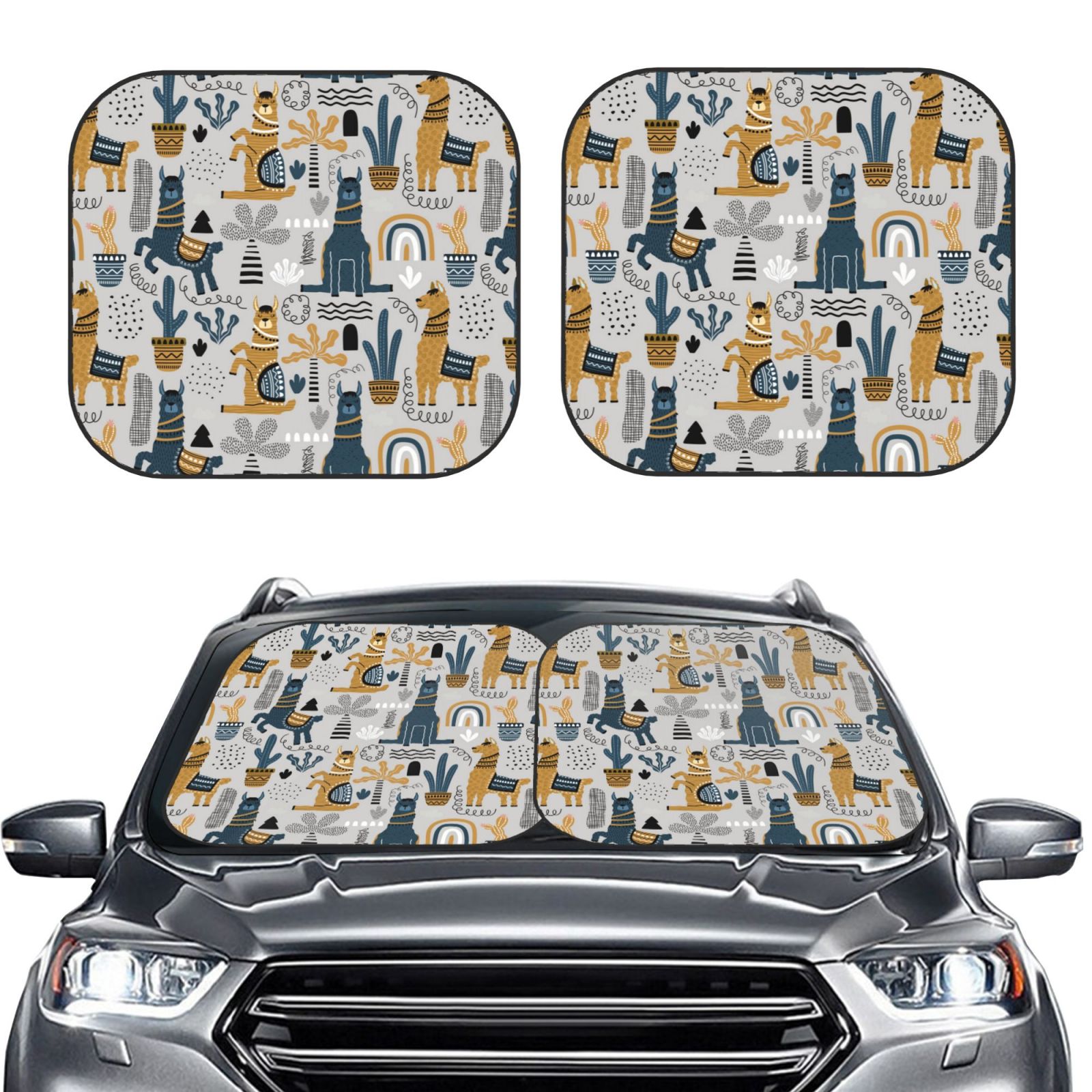 Lukts Llama And Cactus1 Print 2 Piece Car Sun Shade Windshield,Foldable Car Shade Front Windshield With Keeps Your Vehicle Cool, For Most Sedans Suv And Trucks - Small