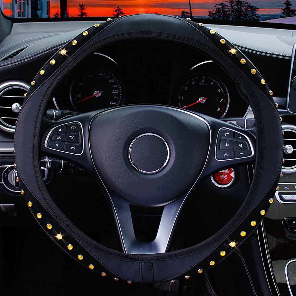 Gerich 15\'\'Car Steering Wheel Cover Leather Bling Rhinestones Protector Accessories