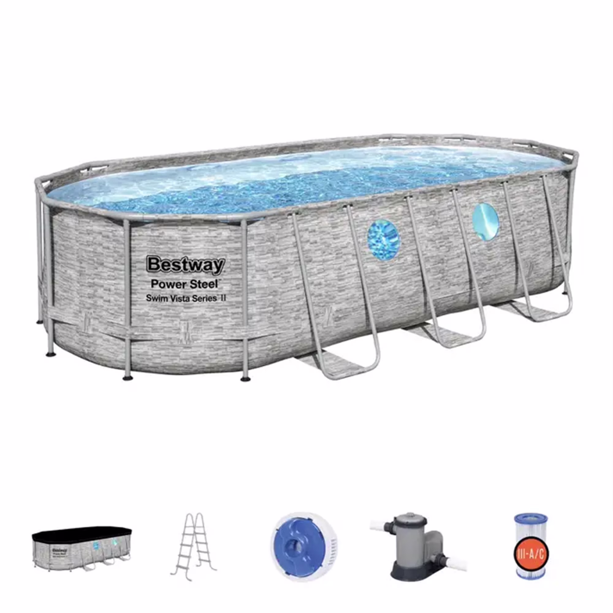 Bestway 18 x 9 x 4 Foot Power Steel Swim Vista Pool Set and Pool Surface Skimmer
