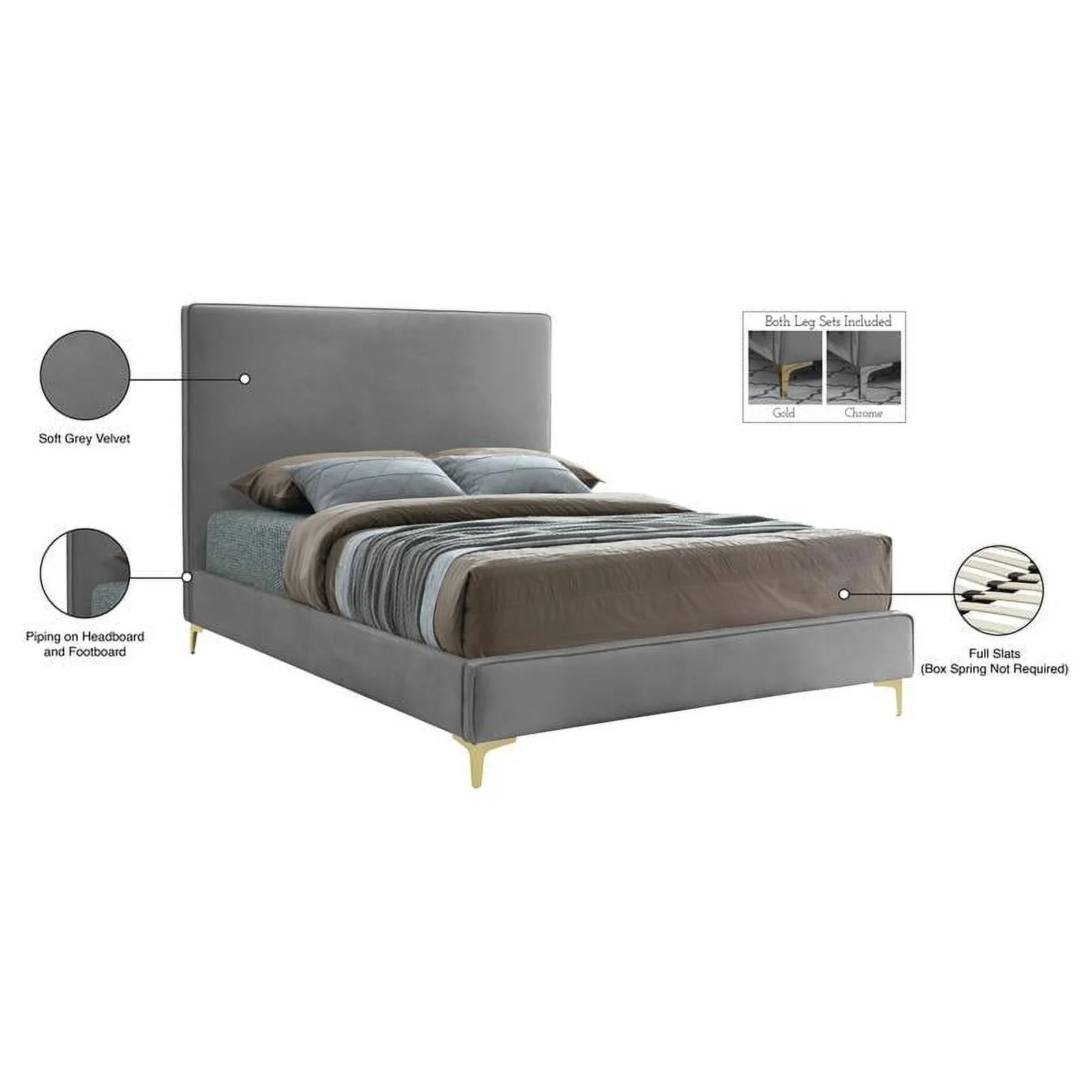 Meridian Furniture Geri Gray Velvet Queen Bed with Gold and Chrome Legs Included