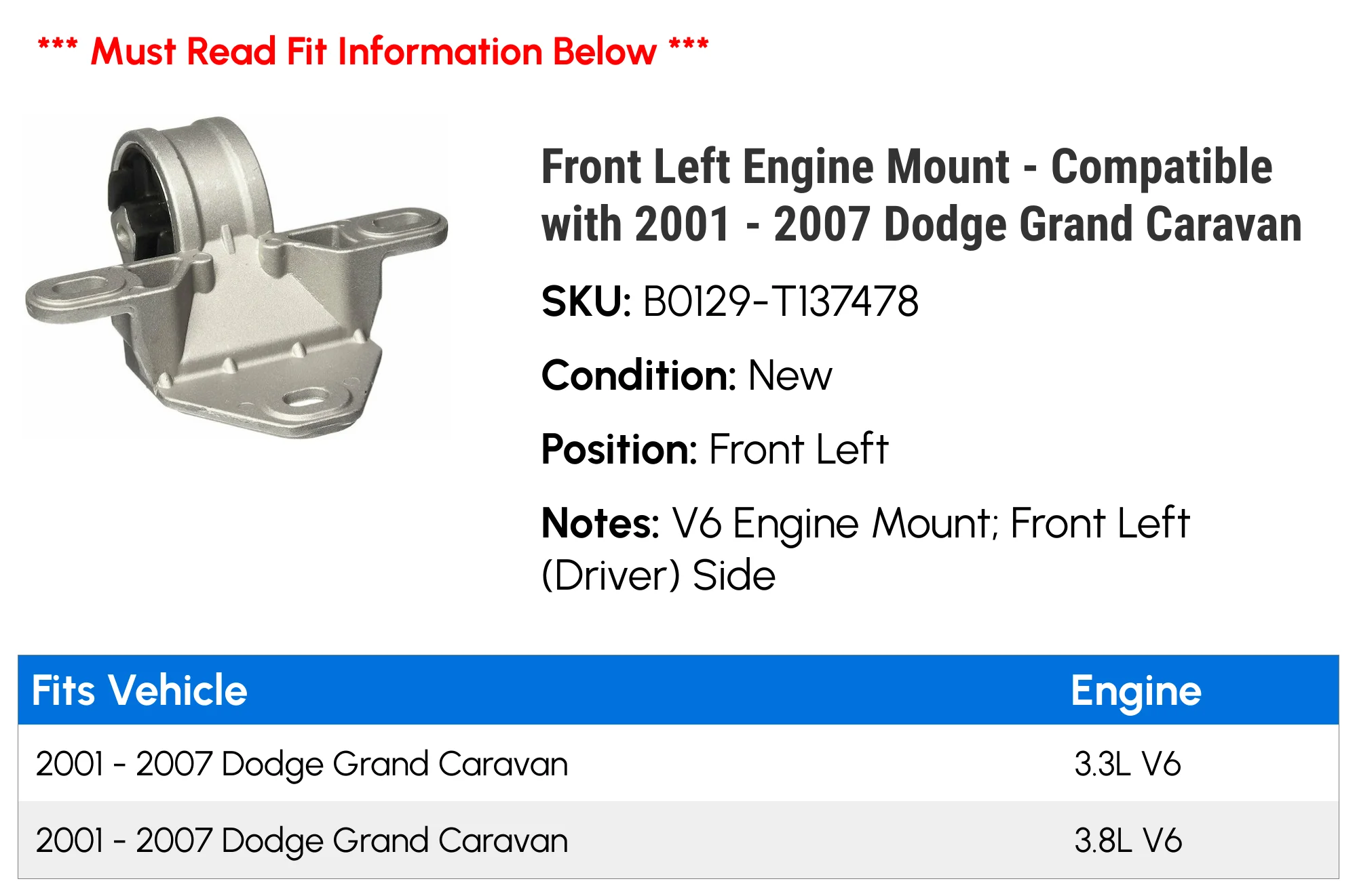 Front Left Engine Mount - Compatible with 2001 - 2007 Dodge Grand Caravan 2002 2003 2004 2005 2006