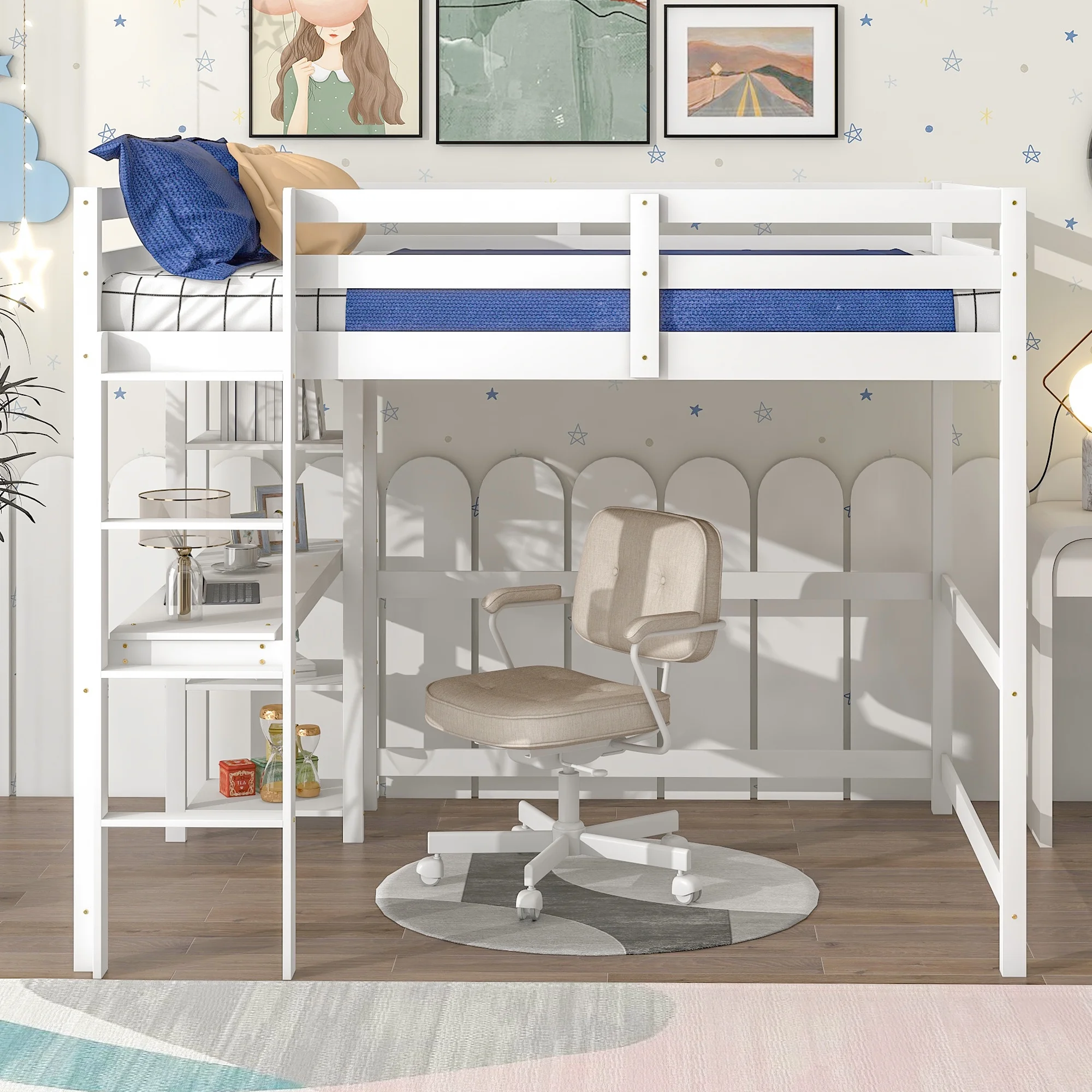 Docooler Full Loft Bed with Desk and Shelves,White