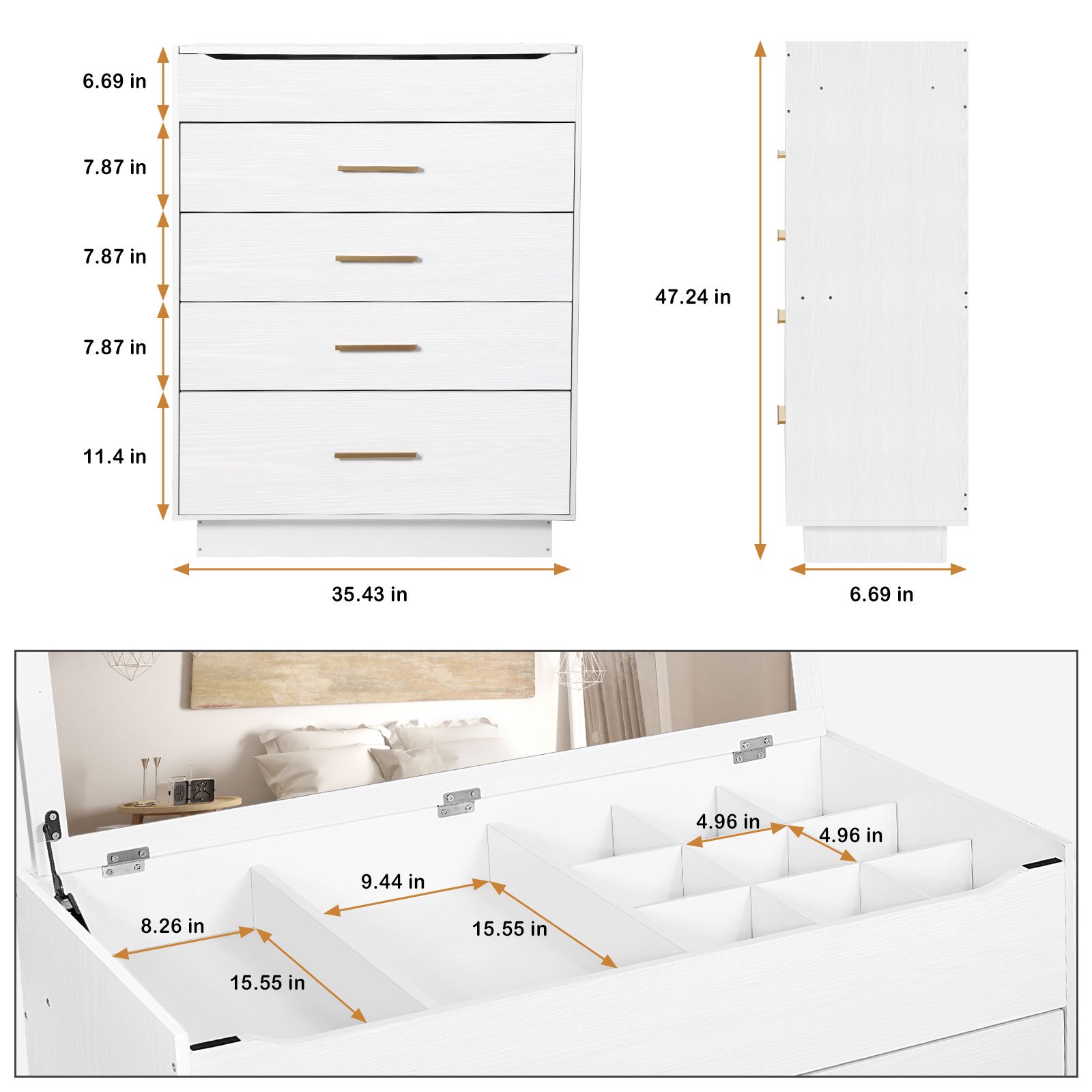 4 Drawer Chest of Drawers Wood Storage Tower Wardrobe Clothes Storage Bedroom Chest of Drawers(White)