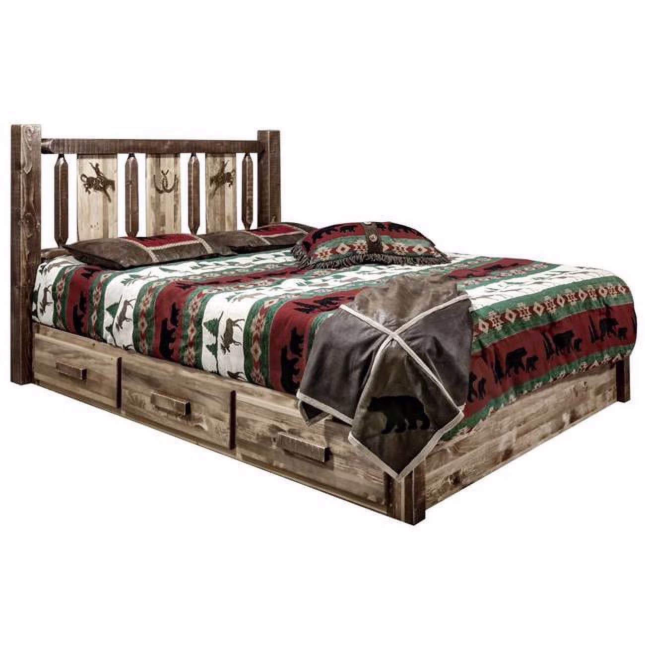 Homestead Platform Bed with Storage & Laser Engraved Bronc Design, Stain & Clear Lacquer - California King Size