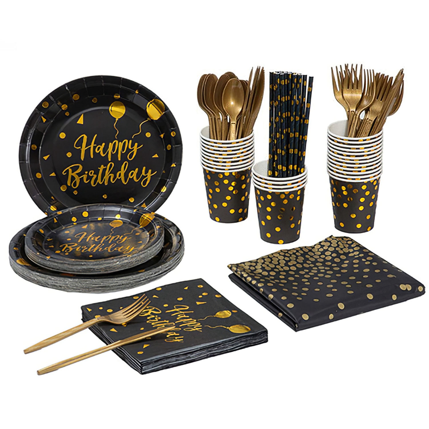 Black and Gold Birthday Party Supplies, iMounTEK 201pcs Gold Disposable Party Dinnerware Set &Golden Dot Birthday Black Paper Plates Napkins Cups, Gold Plastic Forks Knives Spoons, Serves 25