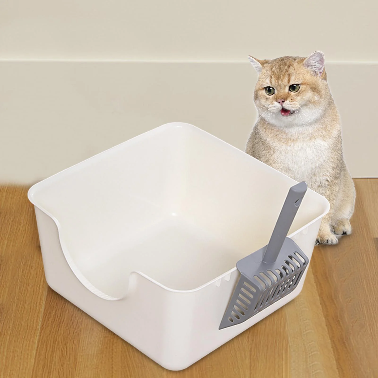DOLITY Open Top Pet Litter Tray Anti Splashing with Cat Litter er Cat White