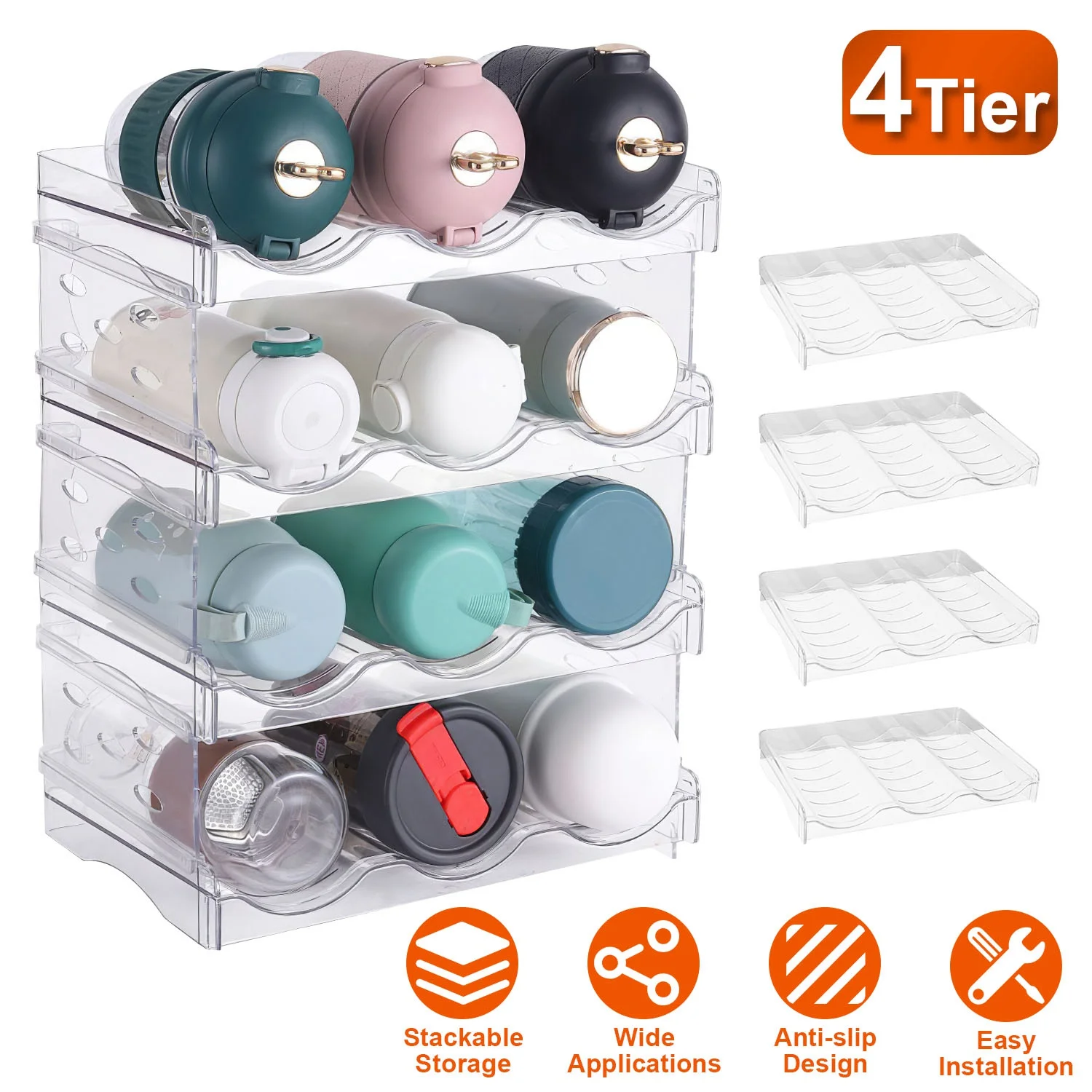 Stackable Water Bottle Organizer for Cabinet, Pantry, Freezer - iMounTEK 4 Pack Plastic Water Bottle Holder and Wine Rack for Kitchen Countertops, Fridge - Holds 3 Bottles Each Tier, 4 Tier
