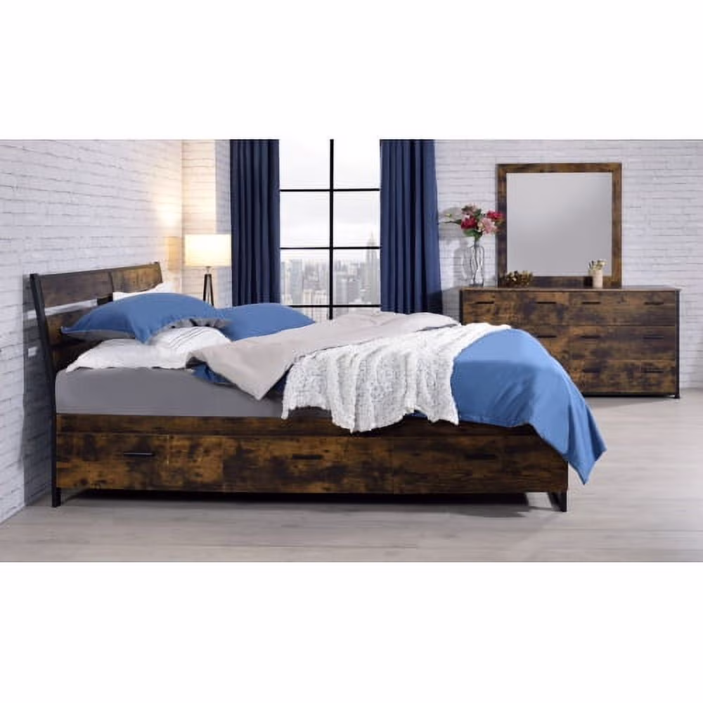 Eastern King Bed W/Storage in Rustic Oak & Black Finish