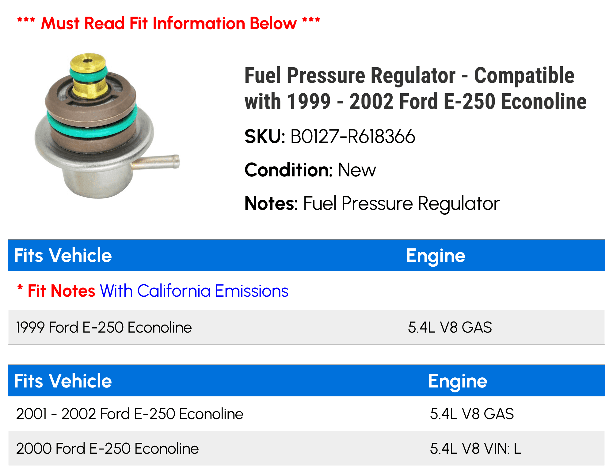 Fuel Pressure Regulator - Compatible with 1999 - 2002 Ford E-250 Econoline 2000 2001