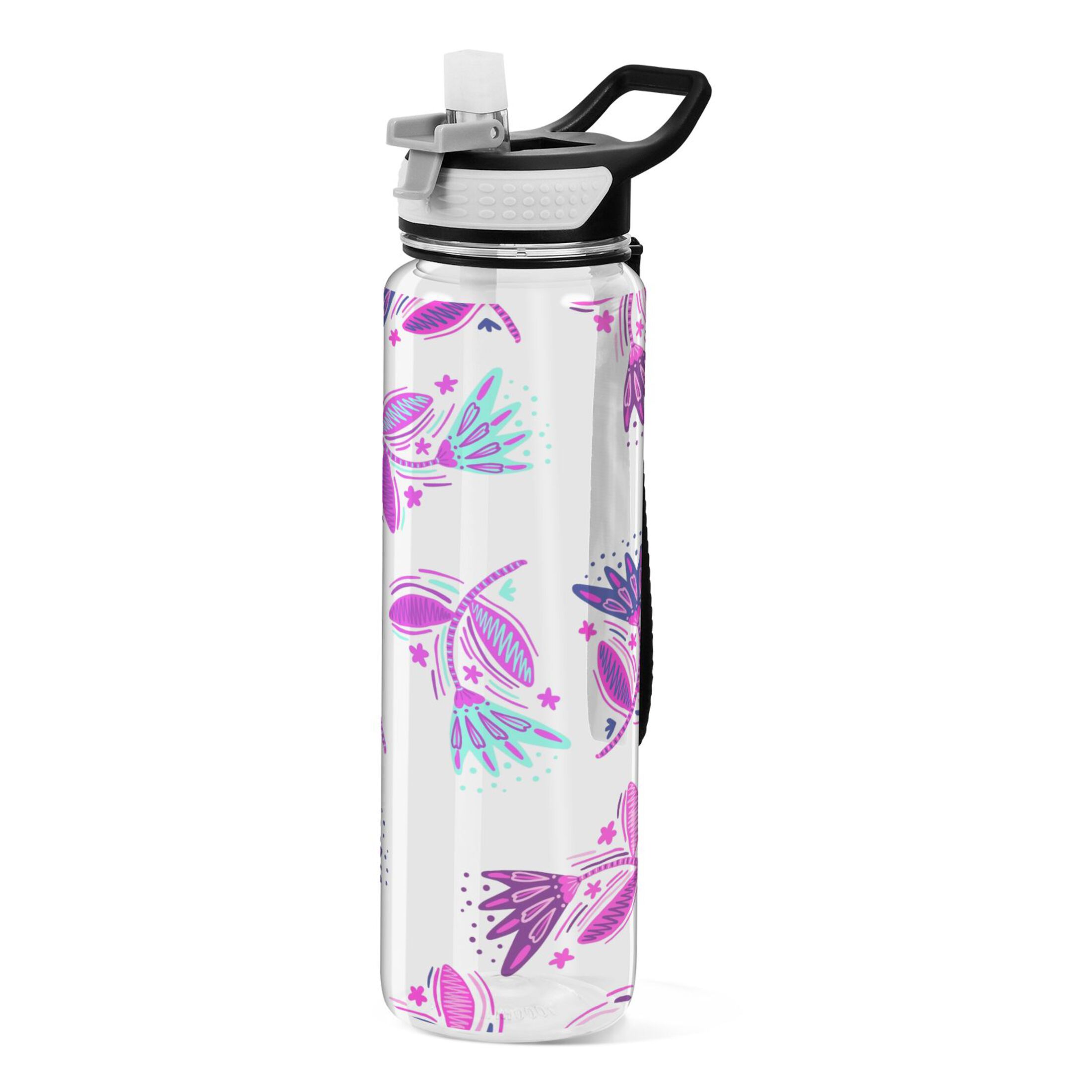 Flowers and Leaves Pink 32oz Water Bottles with Straw Tritan Leakproof Sports Bottle BPA Free Clear for Fitness Gym Swimming Cycling