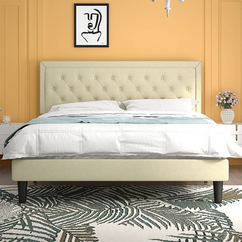 Queen Modern Bed with Button Tufted Adjustable Headboard, Light Beige