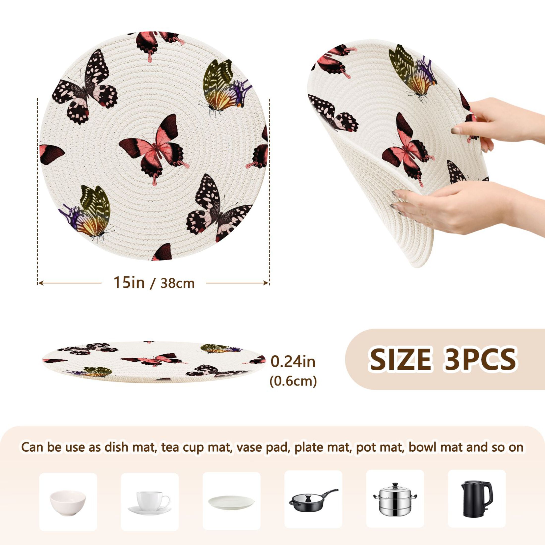 Butterflies Pattern 3 PCs Pot Holders Trivets Kitchen 15