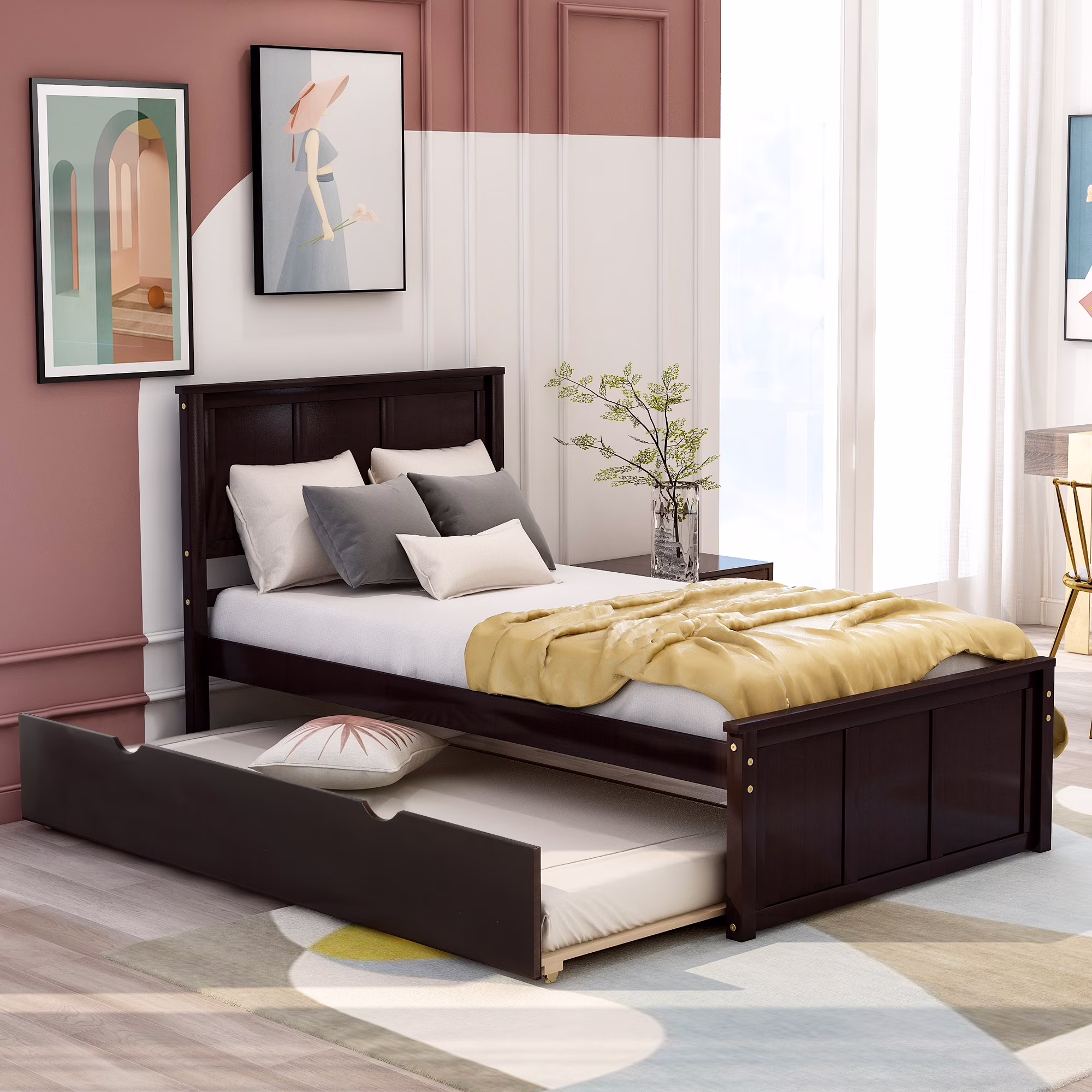 Churanty Twin Bed Frames with Headboard, Wood Twin Bed with Trundle,Espresso