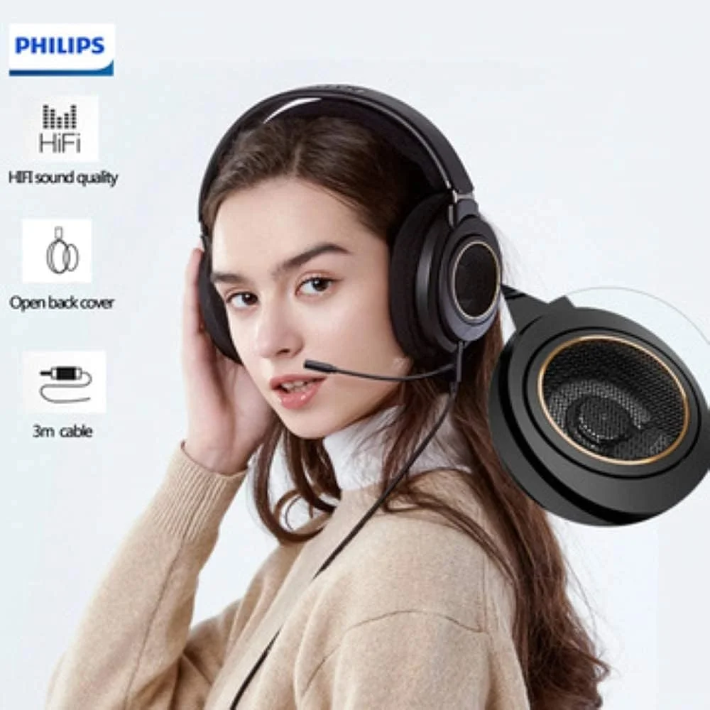 Philips Wired Headphones with Mic Open Back Over Ear Wired Headset SHP9600MB Black