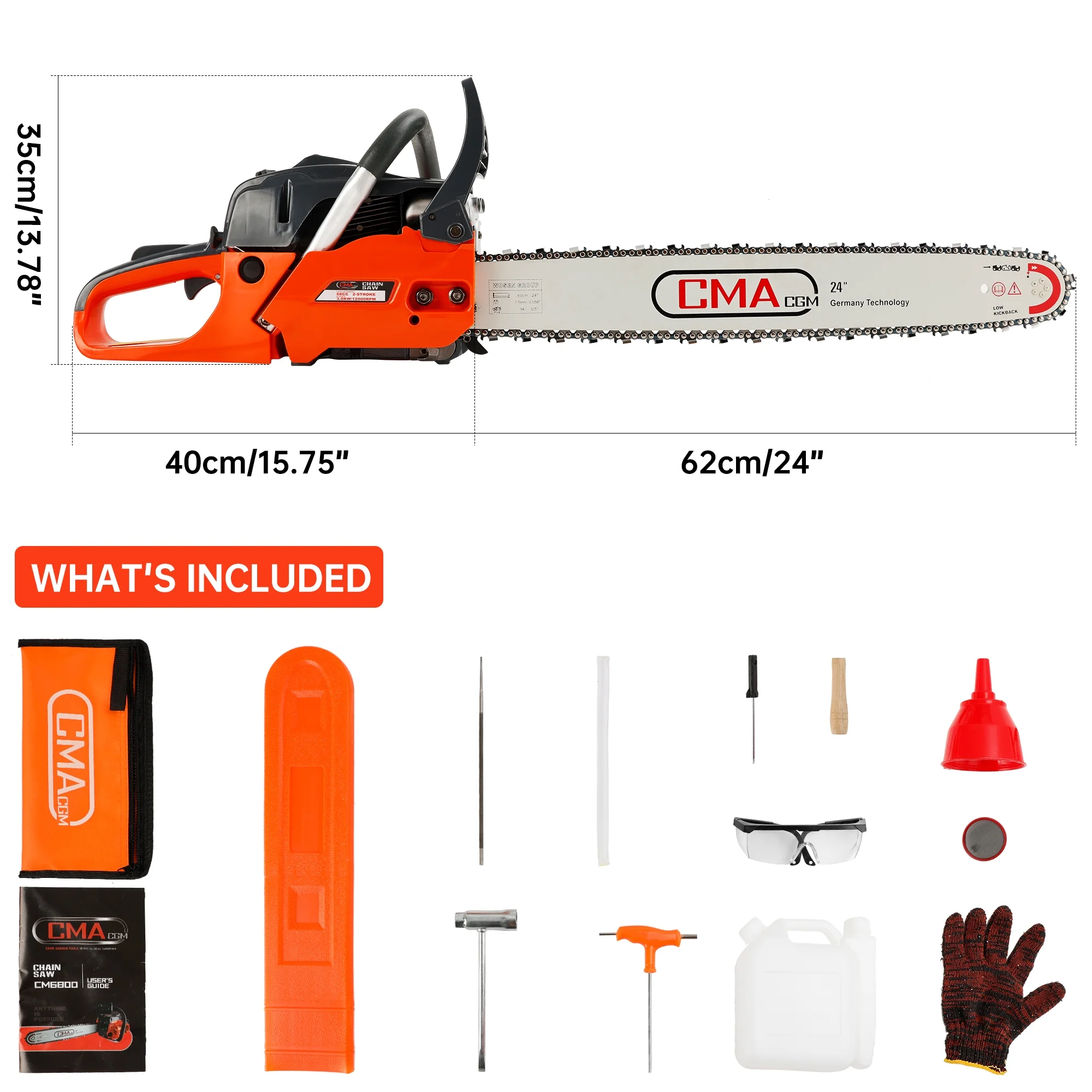 TOPTENG Gas Cordless Chainsaw 24 inch, 2-Cycle Gasoline Powered Chain Saw, 68CC Handheld Cordless Chainsaw, Automatic Chain Oiler, Garden Tool for Cutting Wood Trees