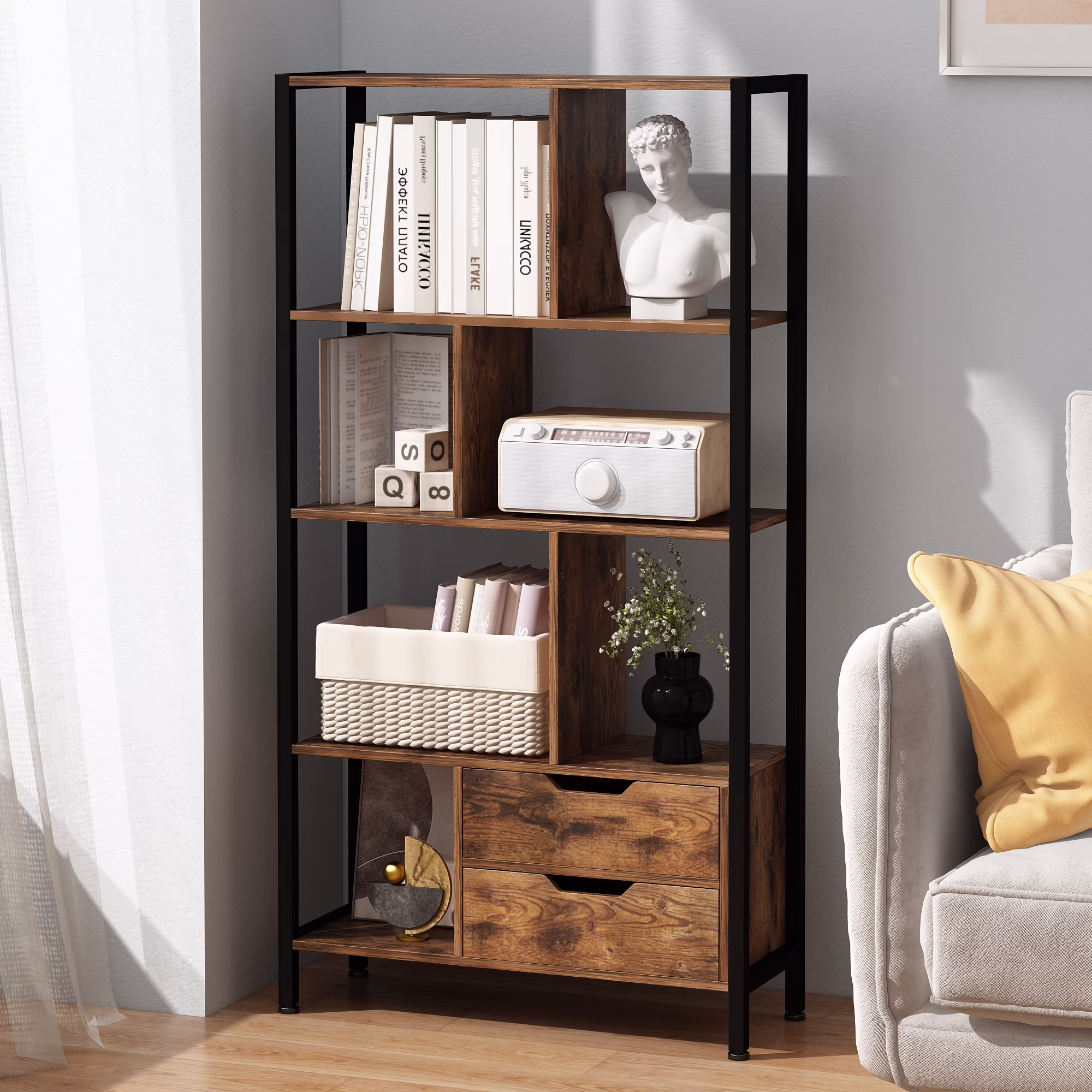 NAIYUFA Bookcase, 4-Tier Wood Bookshelf with 2 Drawers,Book Display Shelf for Living Room, Bedroom, Office,Brown