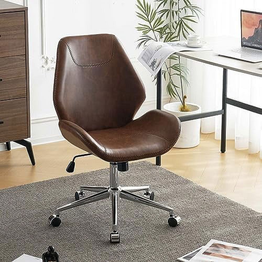 TJUNBOLIFE Armless Office Desk Chair  Mid-Back PU Leather Computer Task Chair with  Degree Swivel Wheels  Adjustable Height  Tilt  - Brown