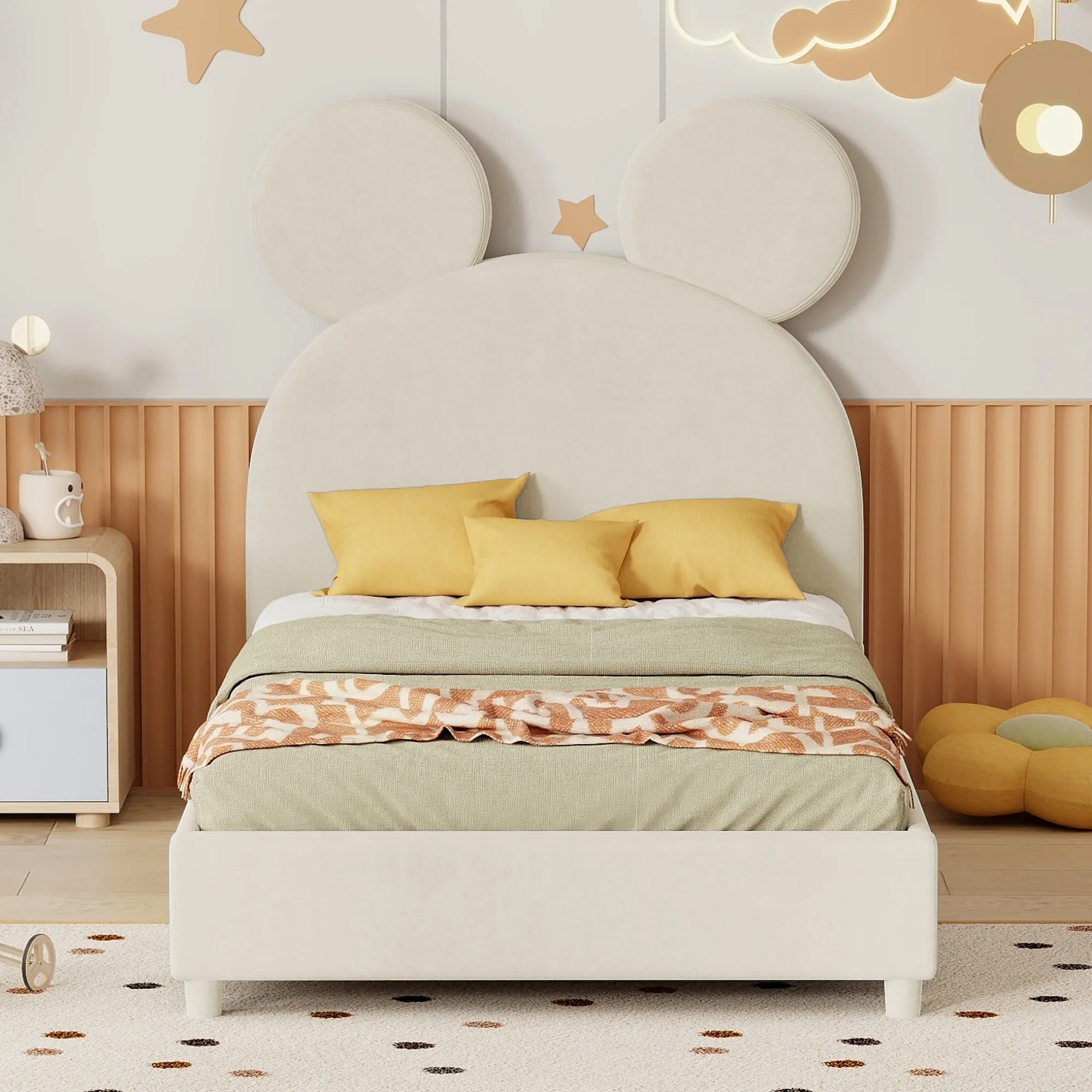Twin Size Upholstered Bed Frame with Cute Bear Ear Shaped Headboard - Stylish Twin Bed with Headboard for Kids-Beige