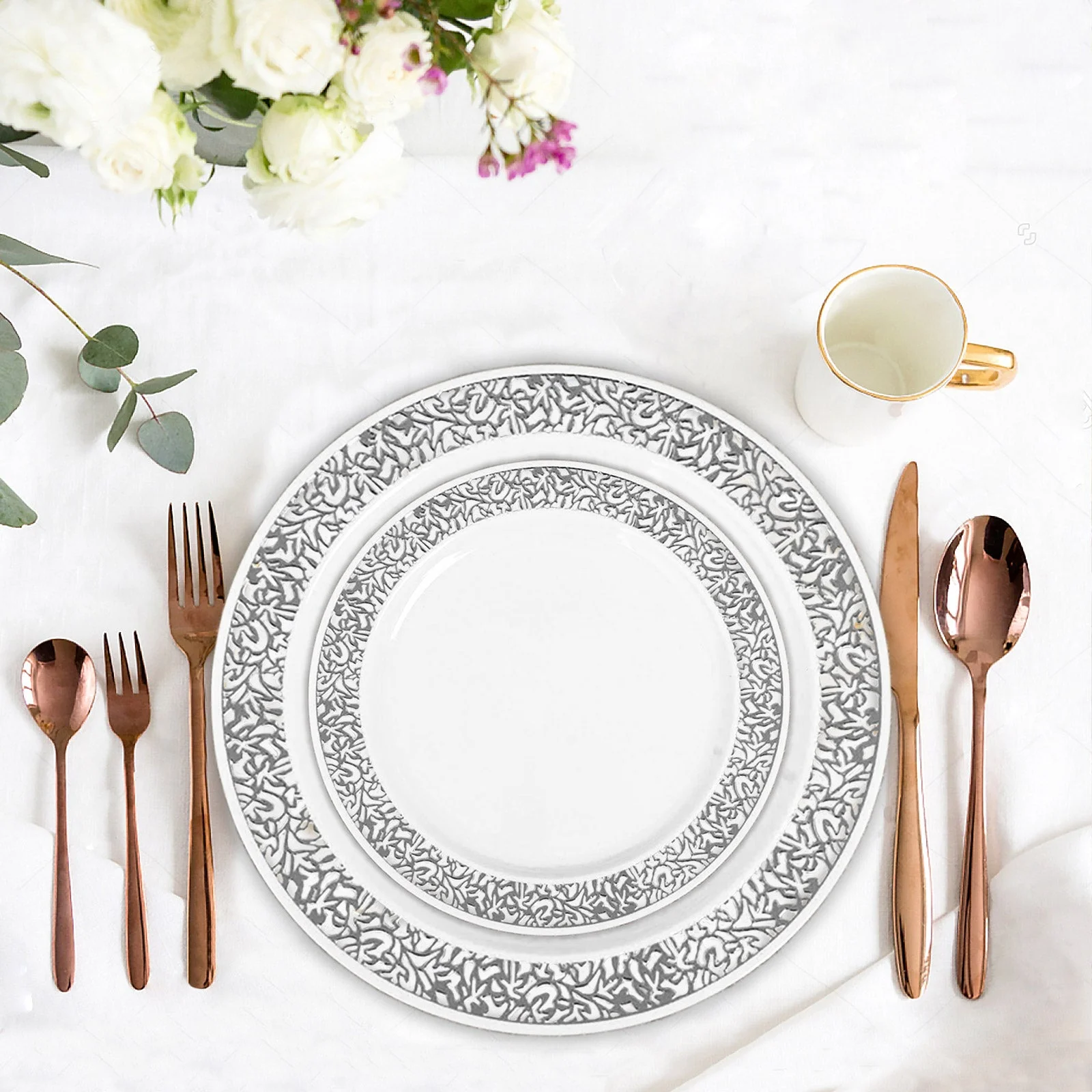 Efavormart 50 Pcs - White with Silver Trimmed 6.25