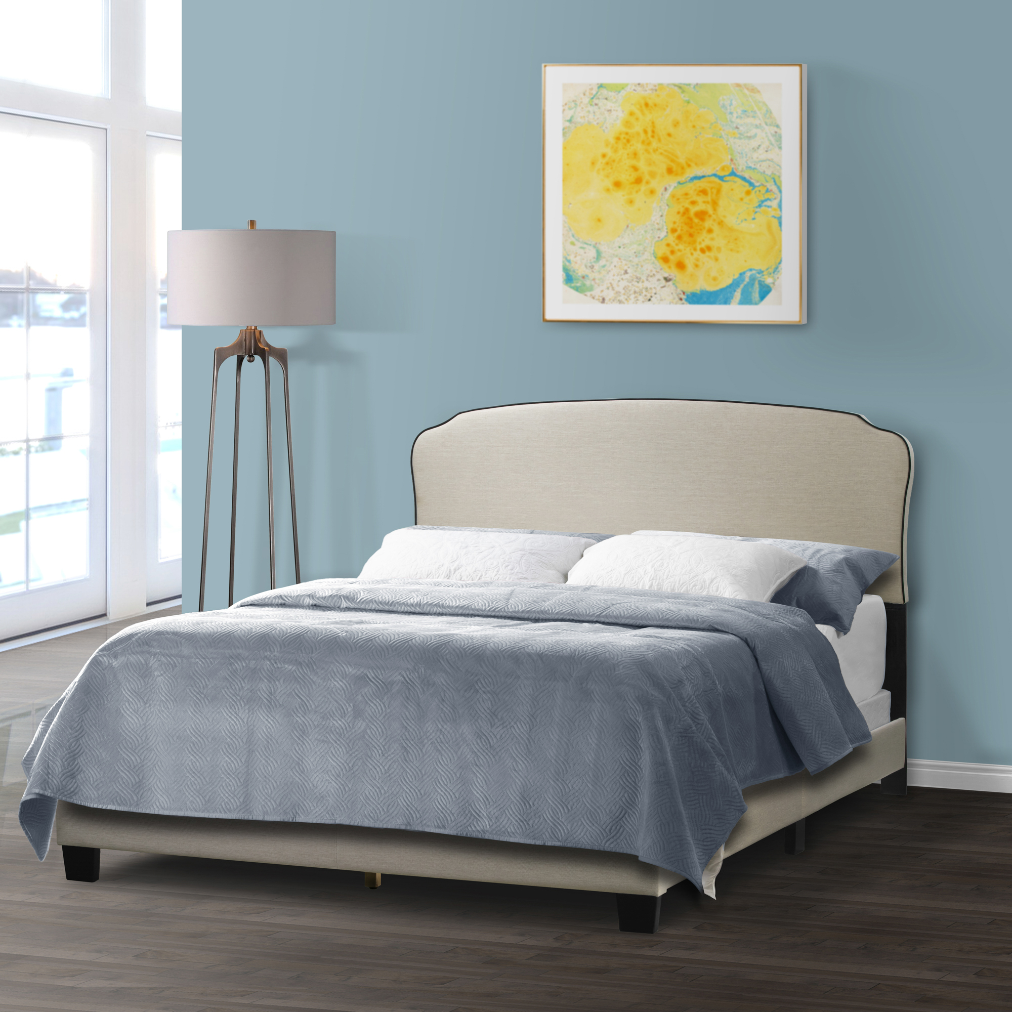 Glamour Home Aric Fabric Queen Bed with Contrasting Piping Accent in Beige