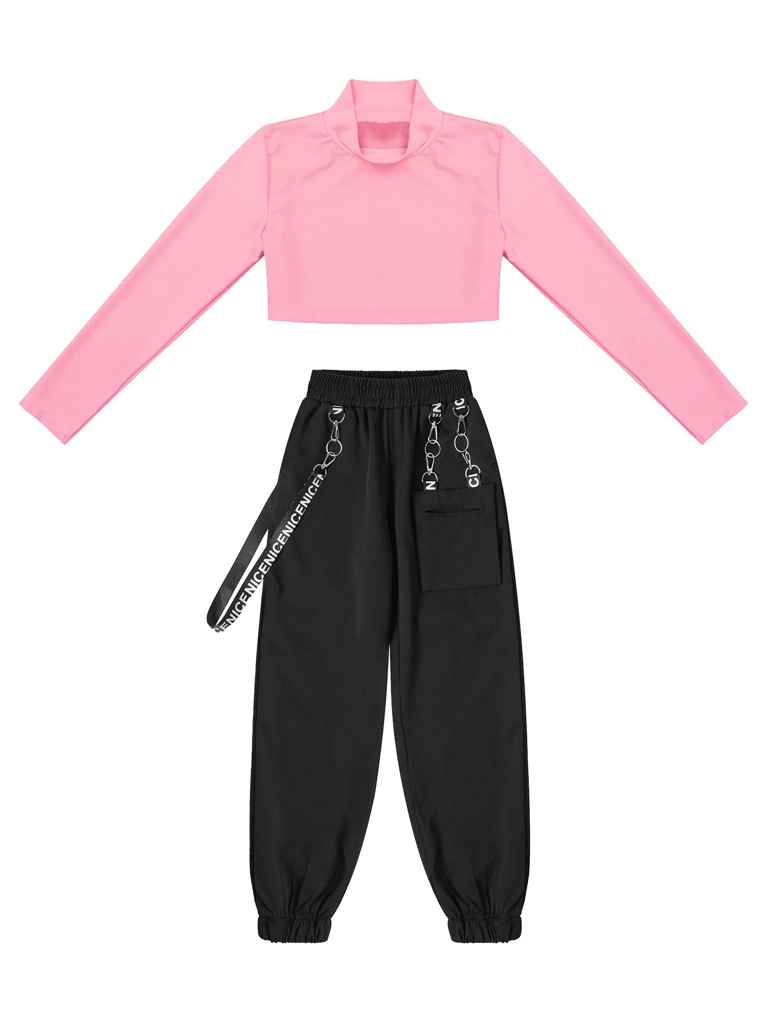 iiniim Kids Girls 2-Piece Hip Hop Dance Outfits Long Sleeve Mock Neck Crop Tops with Chain Pocket Sweatpants