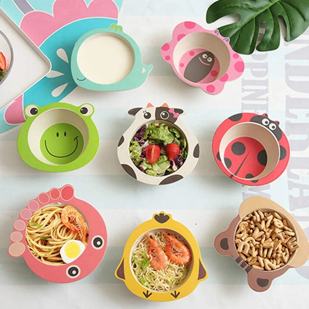 4Pack Bamboo Bowls Reusable Tableware Cereal Bowls Noodle Snack Bowl Dinnerware Set(Frog,Octopus,Cow,Chicken)