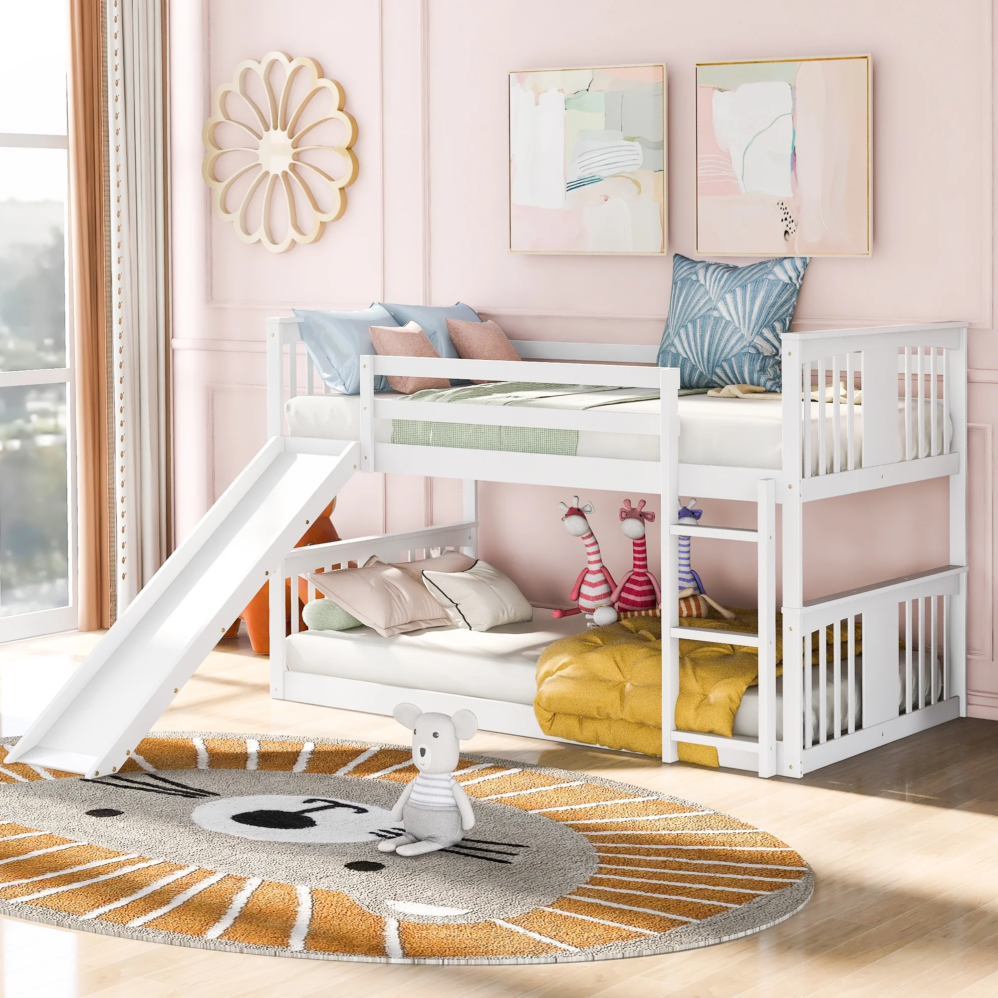 White Twin Over Twin Bunk Bed with Slide and Ladder