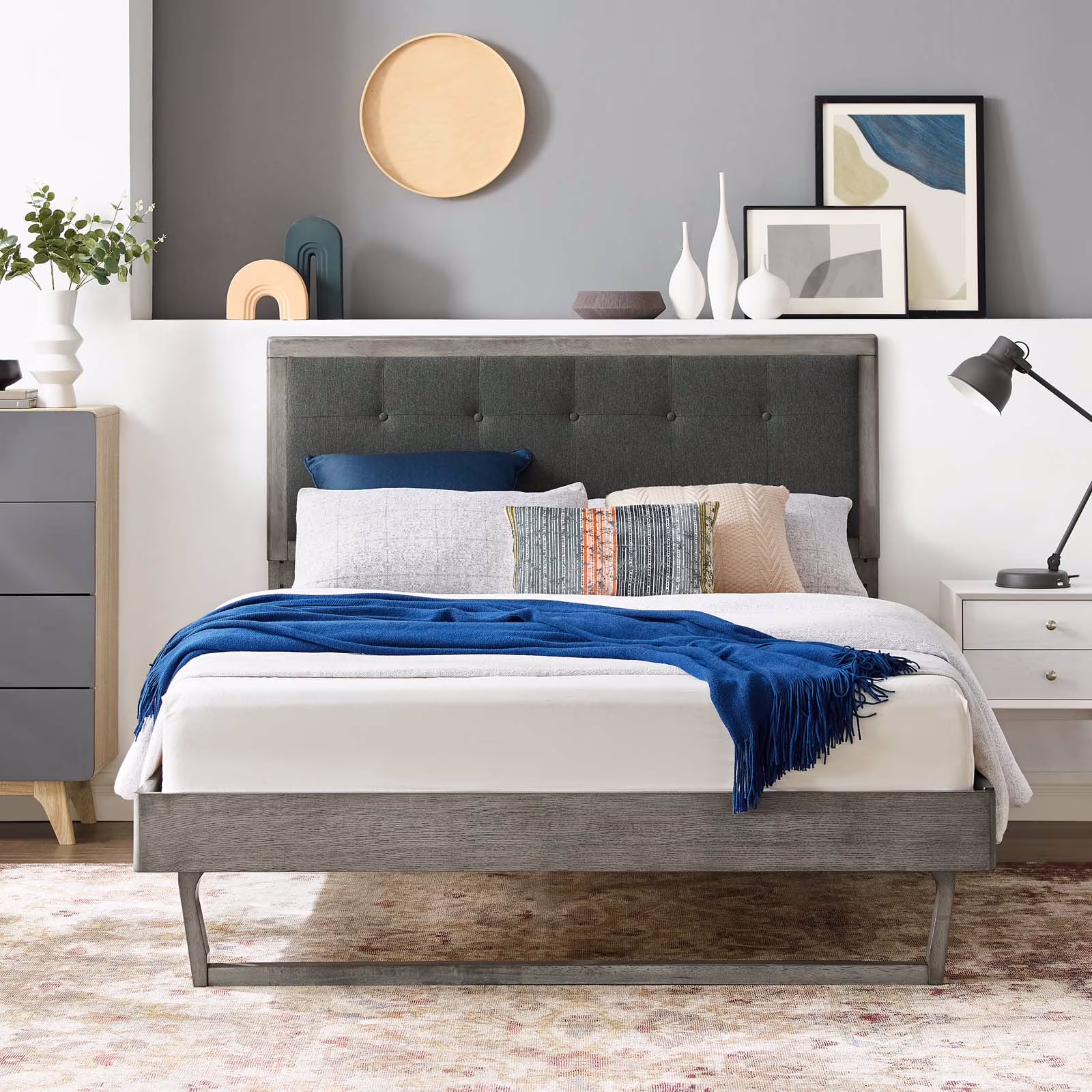 Modway Willow Full Wood Platform Bed With Angular Frame in Gray Charcoal