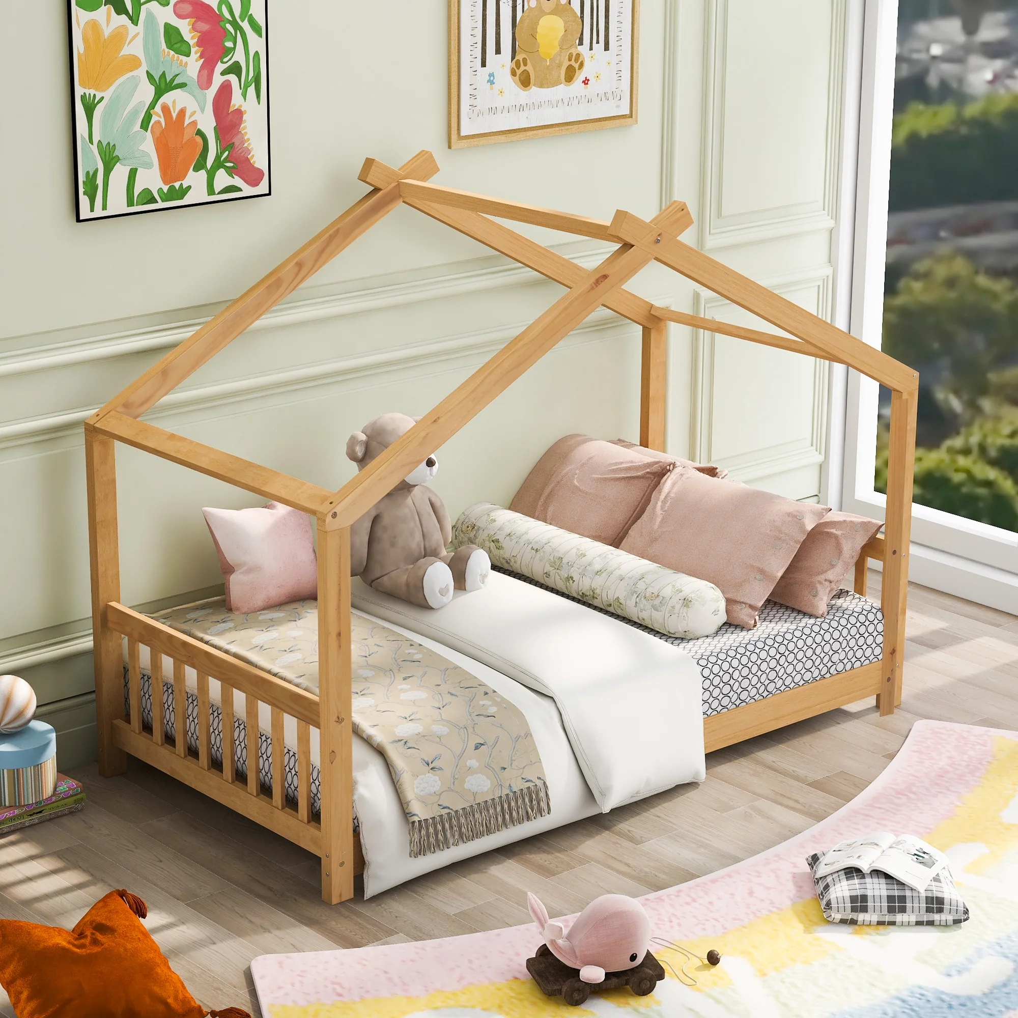 Twin Size House Bed Frame Loft Beds Wood Kids Bed with Headboard and Footboard, Roof Design for Boys Girls Children Bedroom Furniture, No Box Spring Needed