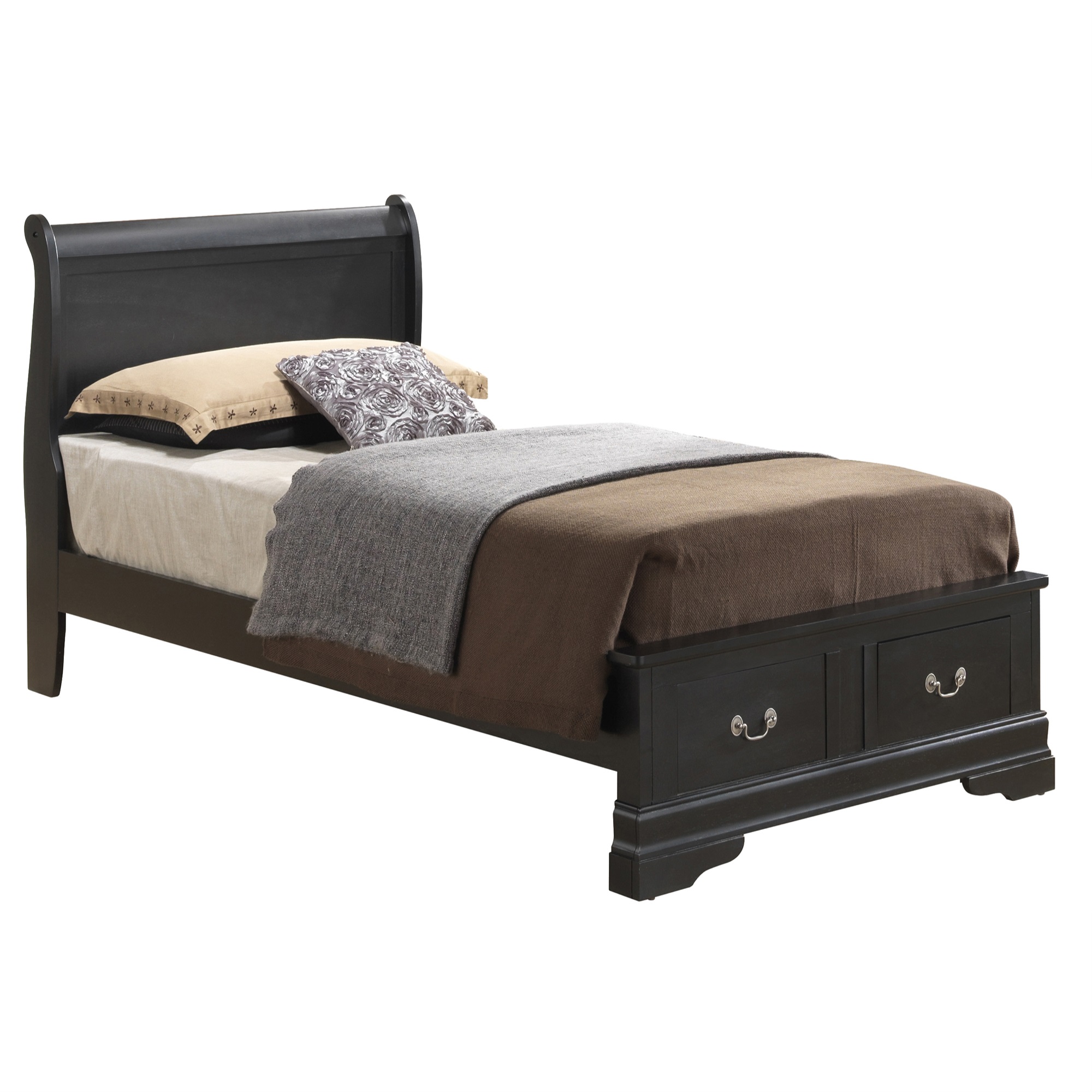 Passion Furniture  44 x 84 x 41 in. Louis Philippe Storage Sleigh Bed, Black - Twin Size