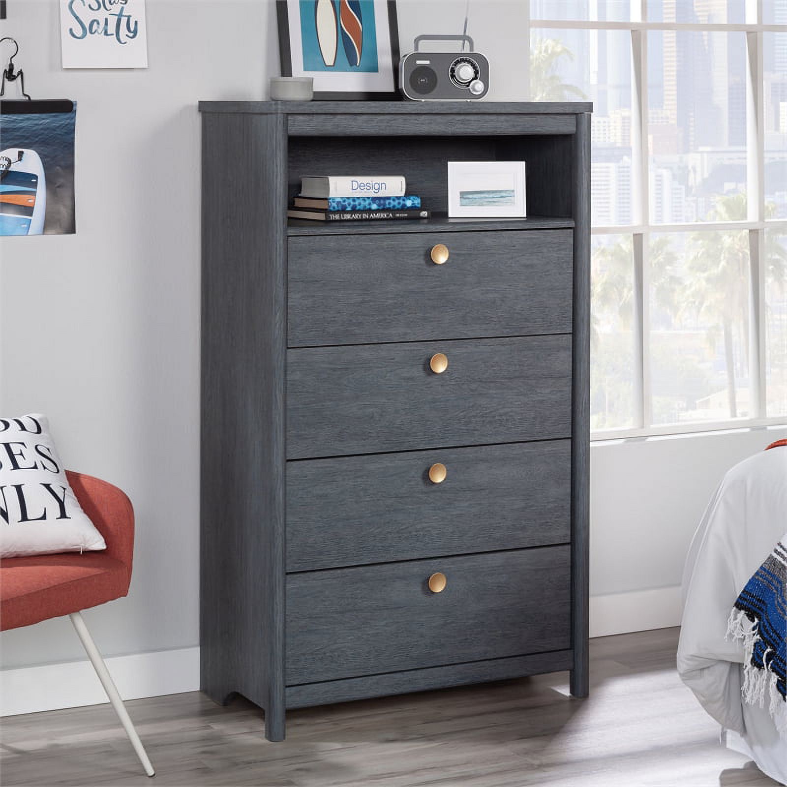 Bowery Hill Modern Engineered Wood 4-Drawer Chest in Denim Oak